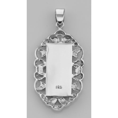 Back view of Antique Style Marcasite and Purple Mother of Pear Pendant showing 925 sterling silver hallmark and spring ring c