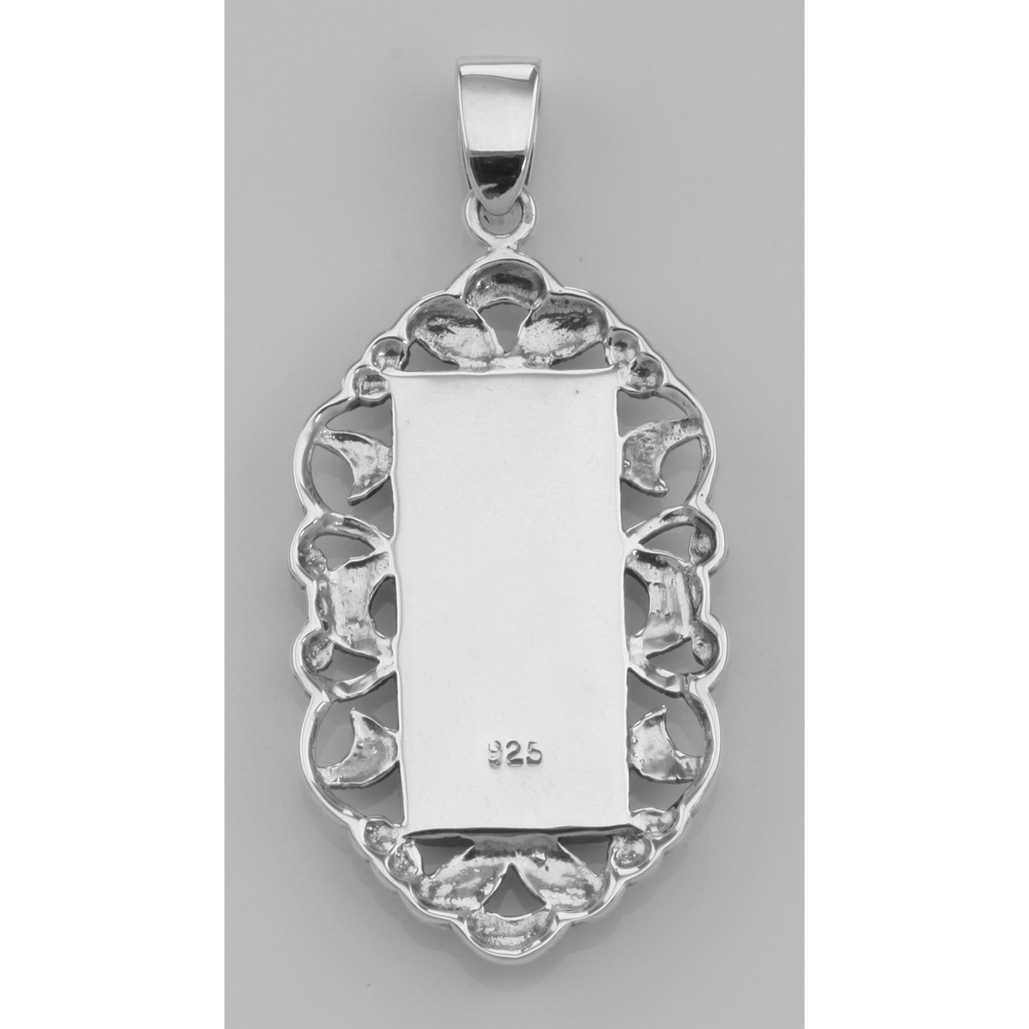 Back view of Red Coral Marcasite Pendant - Vintage Style showing 925 sterling silver hallmark and spring ring clasp
