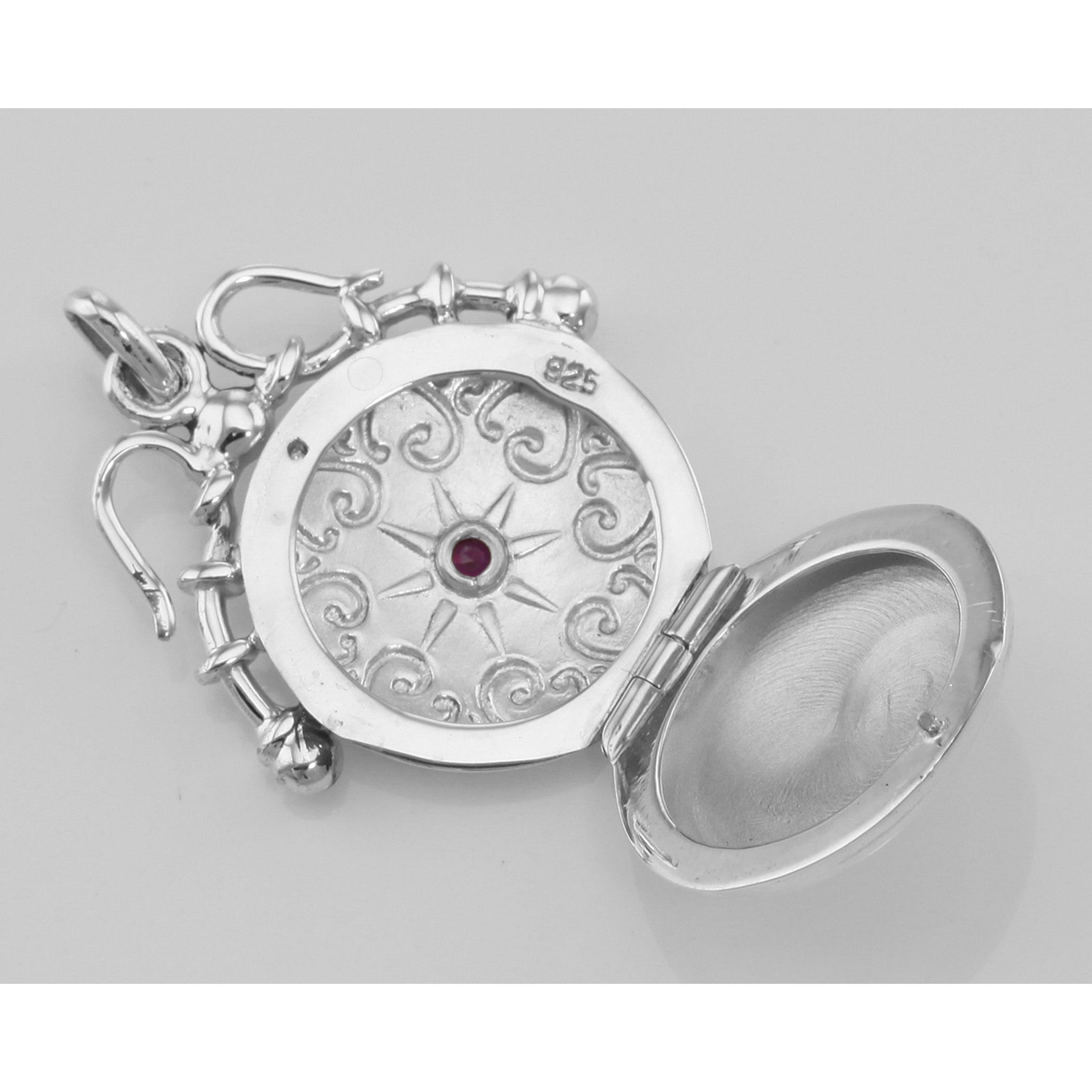 Back view of Victorian Style Round Sterling Silver Fob Locket Pendant showing 925 sterling silver hallmark and spring ring cl