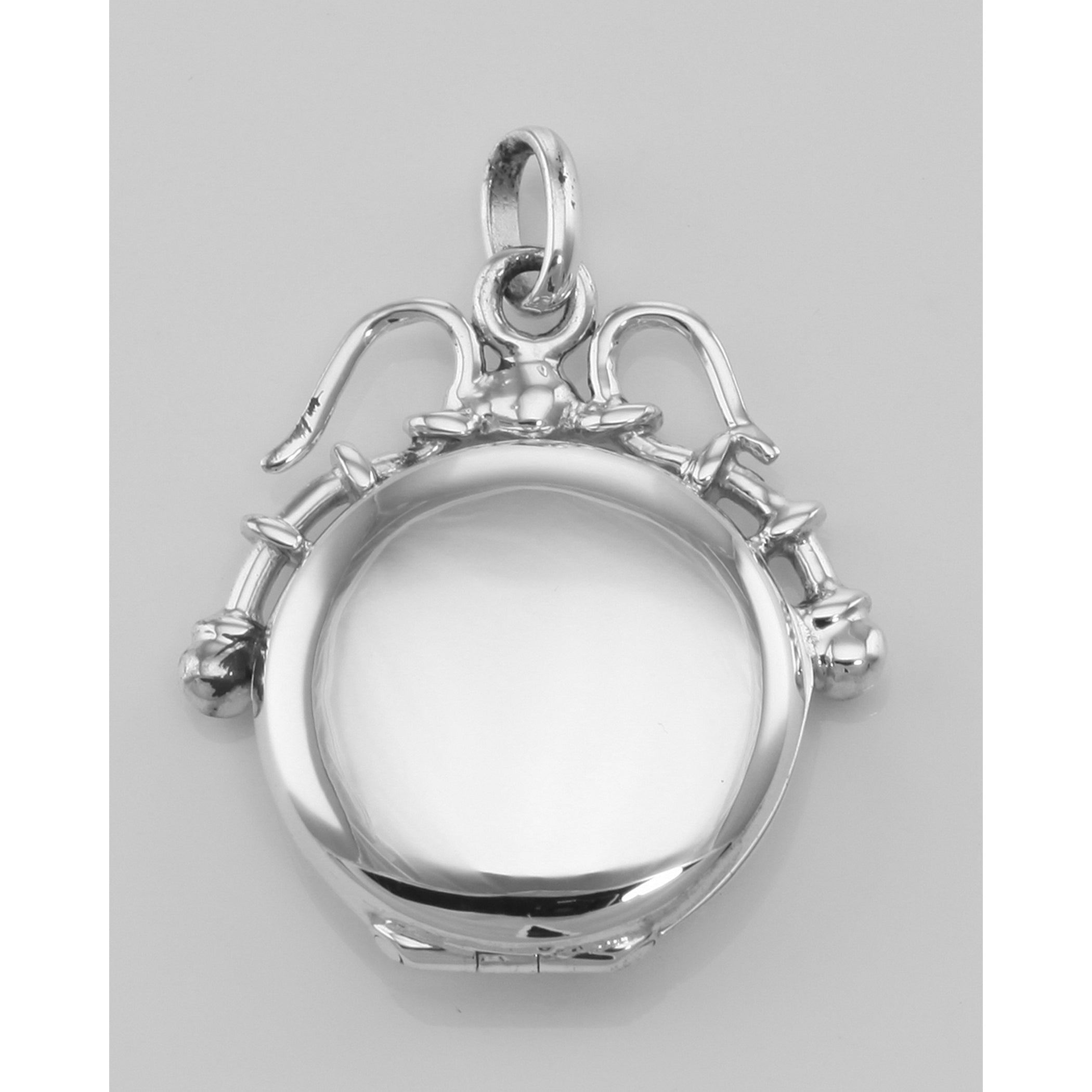 Detail view of Victorian Style Round Sterling Silver Fob Locket Pendant highlighting design details