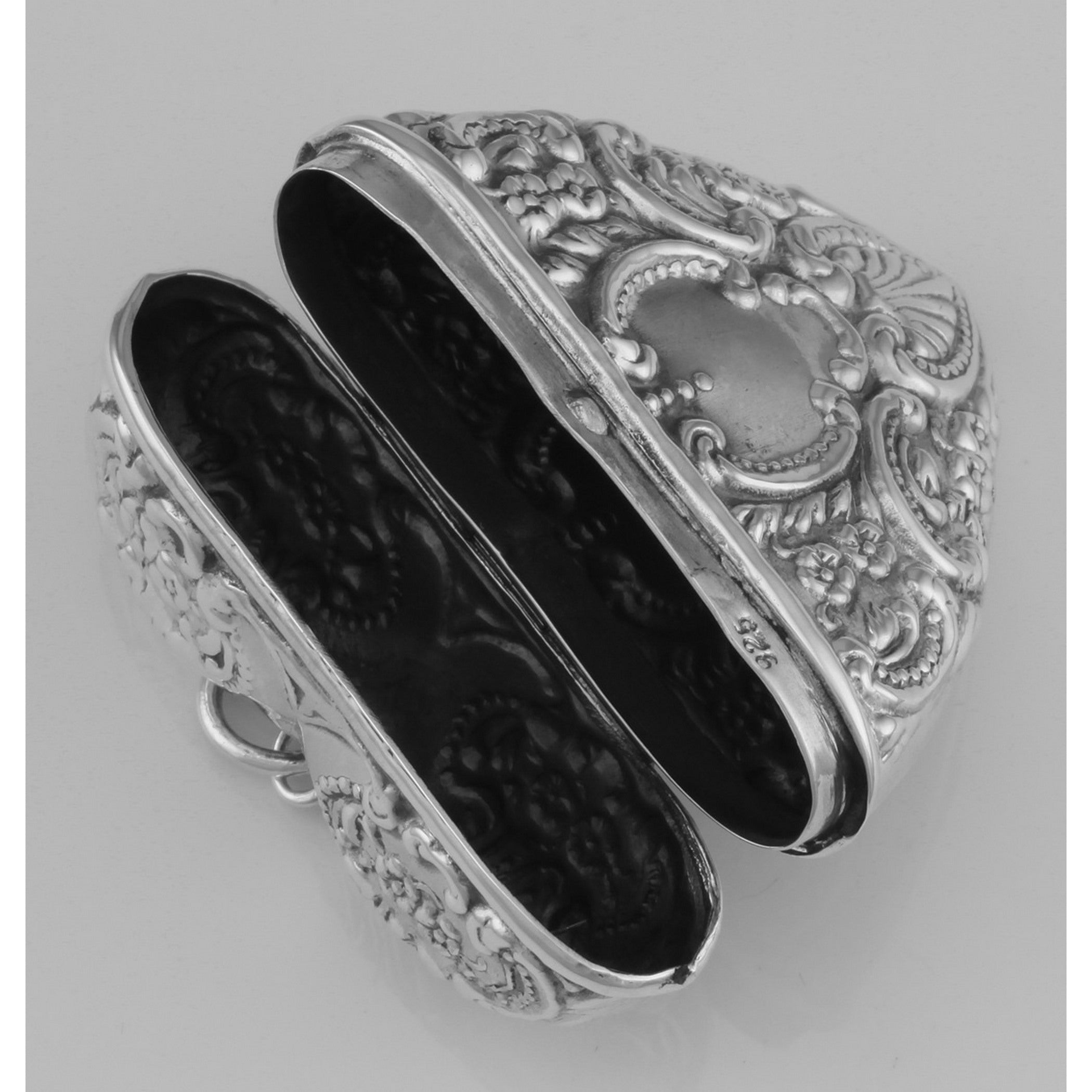 Back view of Victorian Style Sterling Silver Heart Locket Box Pendant - Large showing 925 sterling silver hallmark and spring