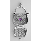 Back view of Amethyst Purse Pendant / Pillbox showing 925 sterling silver hallmark and spring ring clasp
