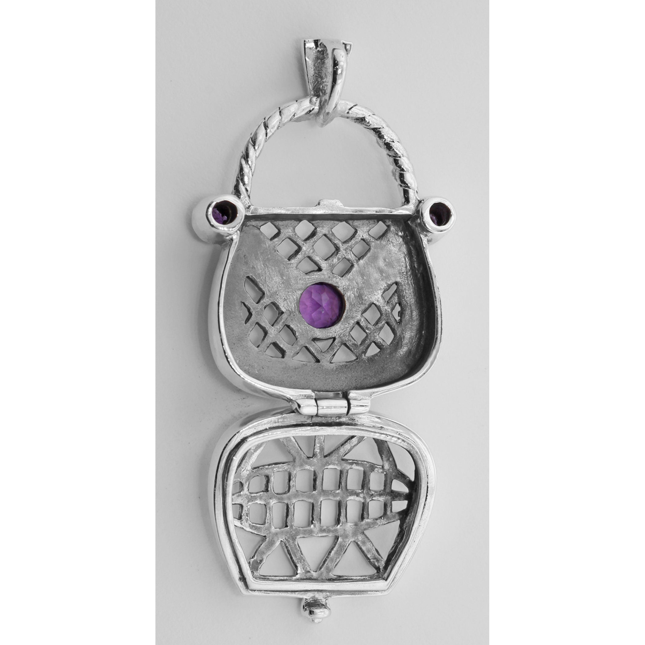 Back view of Amethyst Purse Pendant / Pillbox showing 925 sterling silver hallmark and spring ring clasp