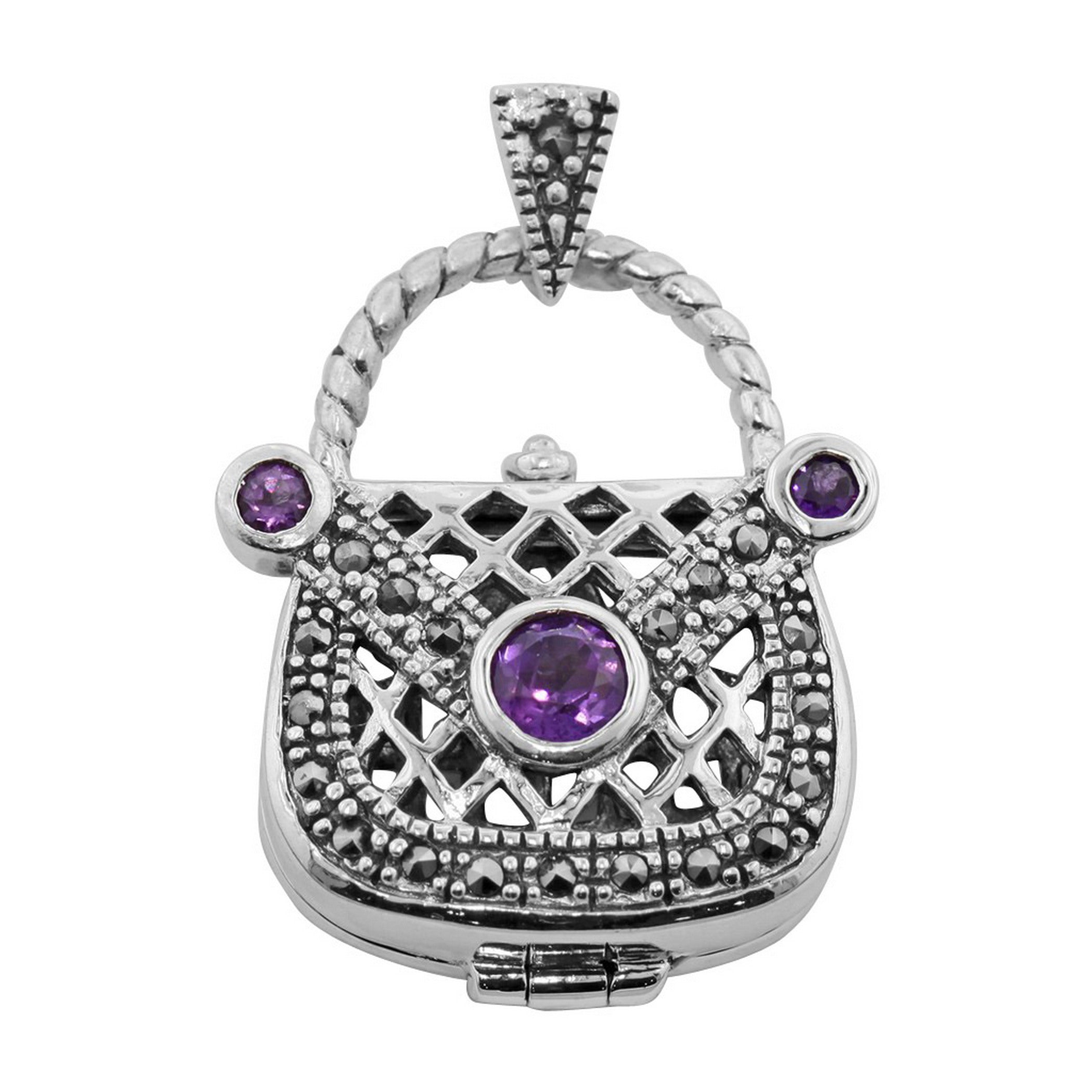 Amethyst, sterling silver lockets, front view