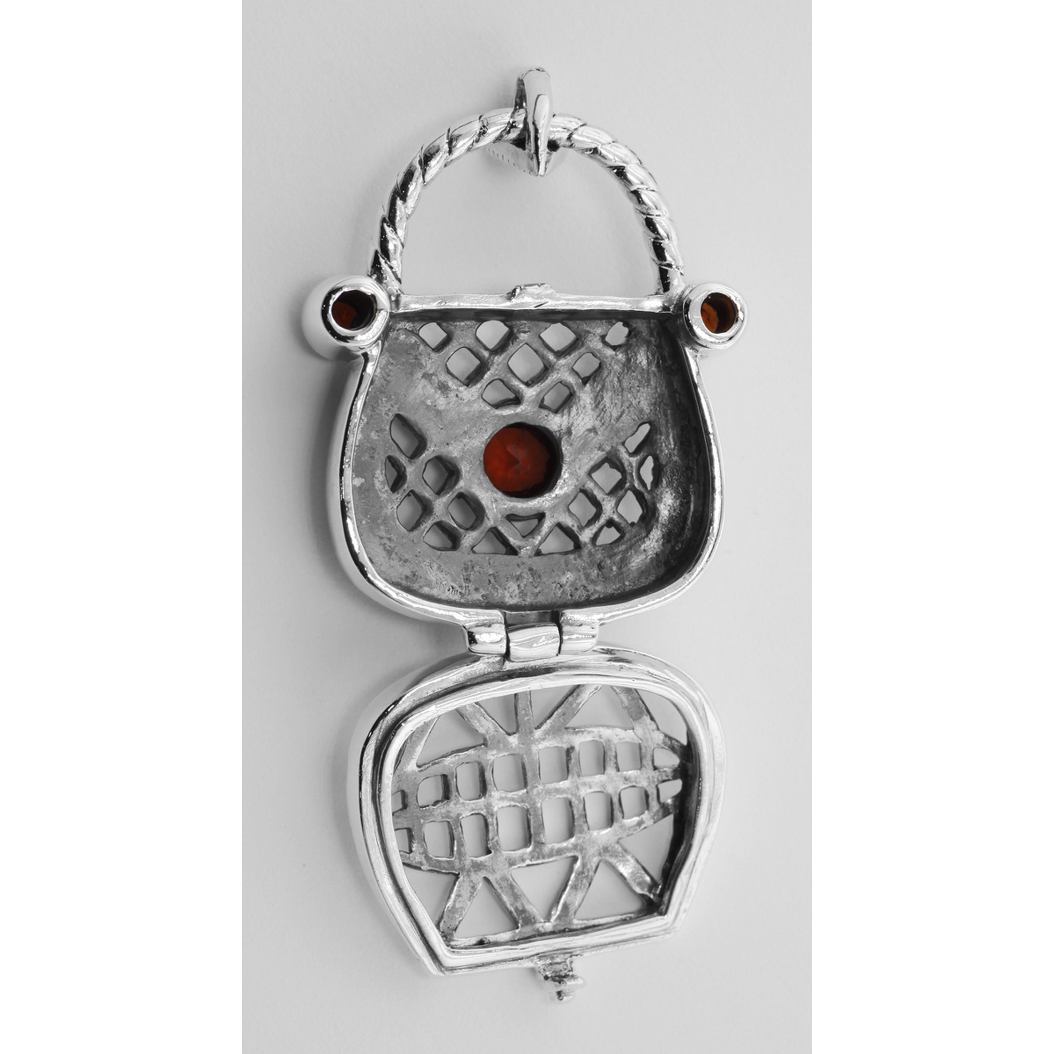 Back view of Garnet Purse Pendant / Pillbox showing 925 sterling silver hallmark and spring ring clasp