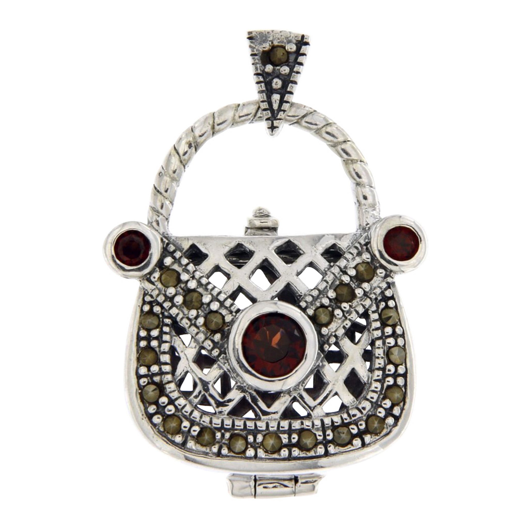 Garnet, sterling silver lockets, front view