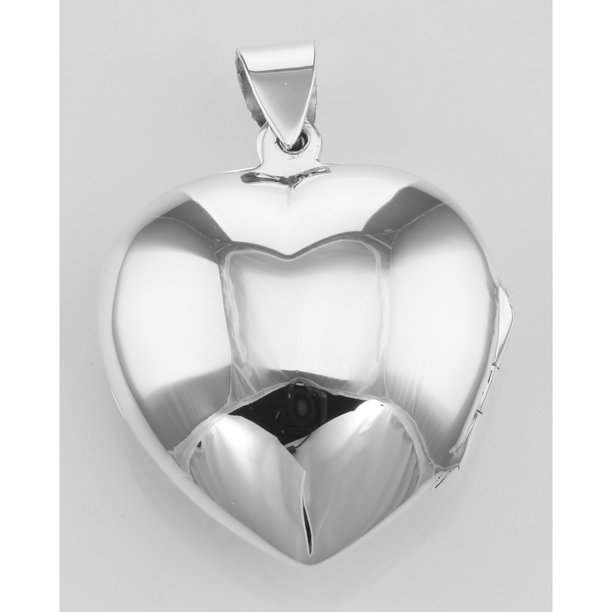 Back view of Antique Style Puffy Heart Locket Pendant - Flower Design showing 925 sterling silver hallmark and spring ring cl