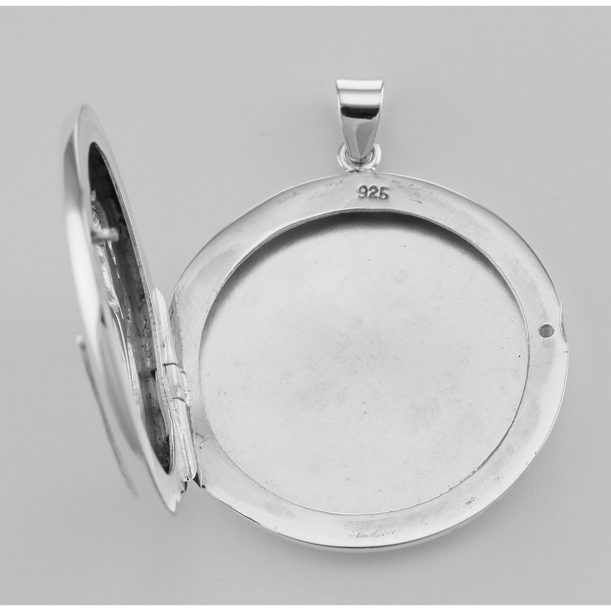 Back view of Round Art Nouveau Style Locket - Large showing 925 sterling silver hallmark and spring ring clasp
