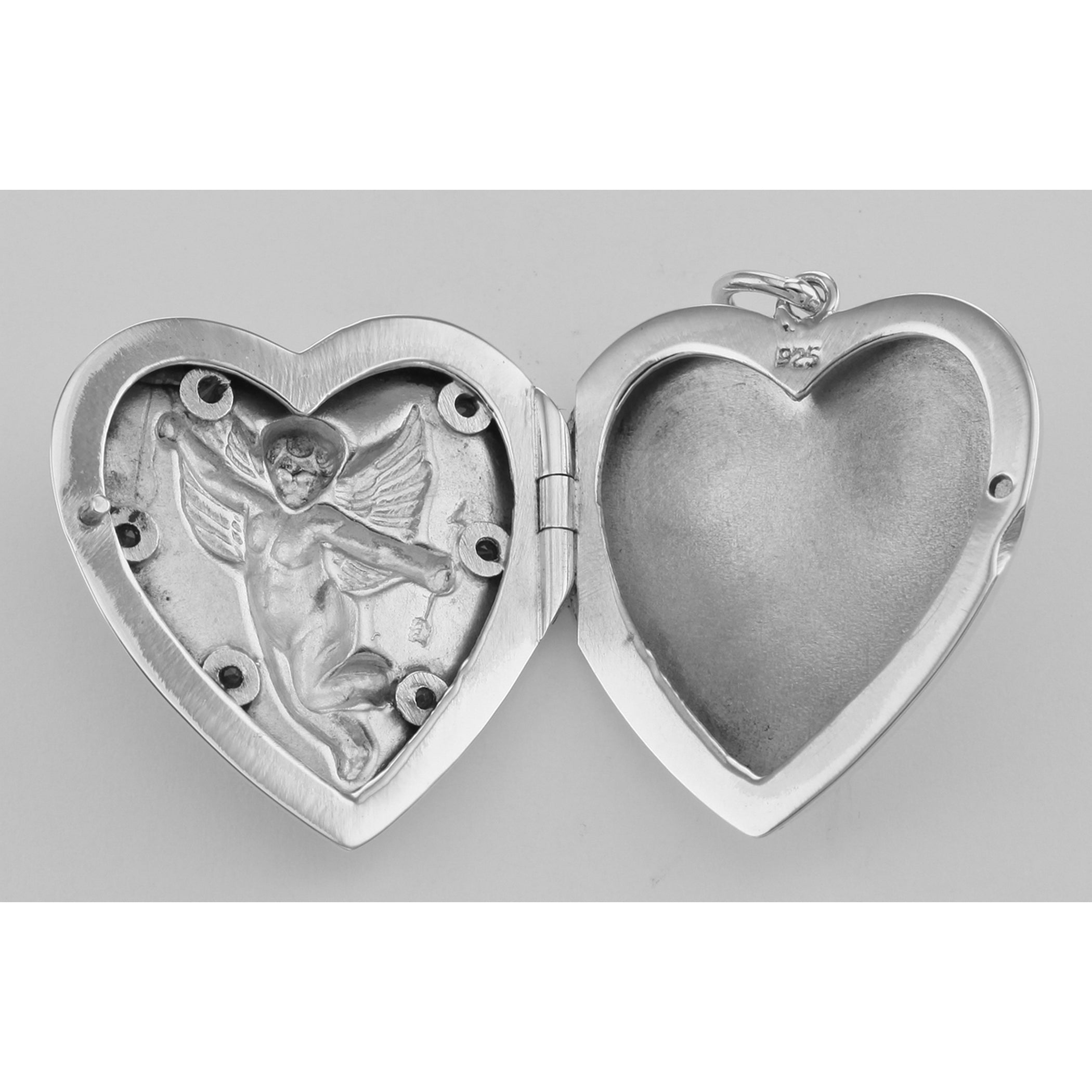 Back view of Cherub Heart Sterling Silver Locket Pendant with Blue CZ's showing 925 sterling silver hallmark and spring ring 