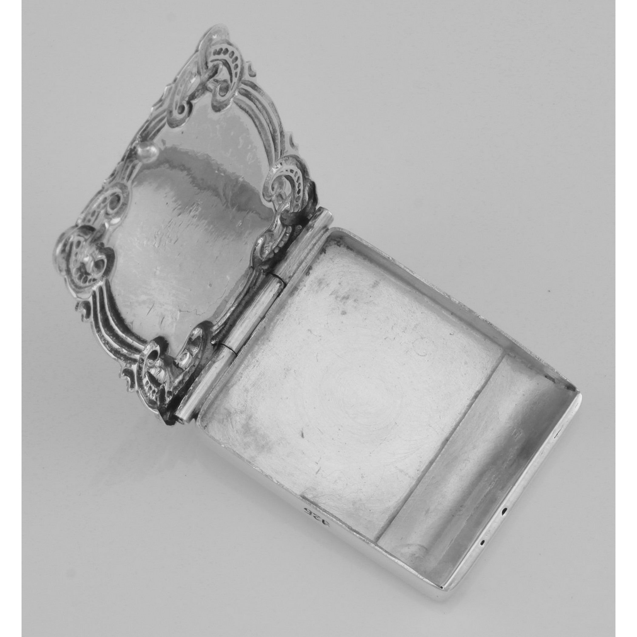 Back view of Beautiful Victorian Style Stamp Box Pendant showing 925 sterling silver hallmark and spring ring clasp