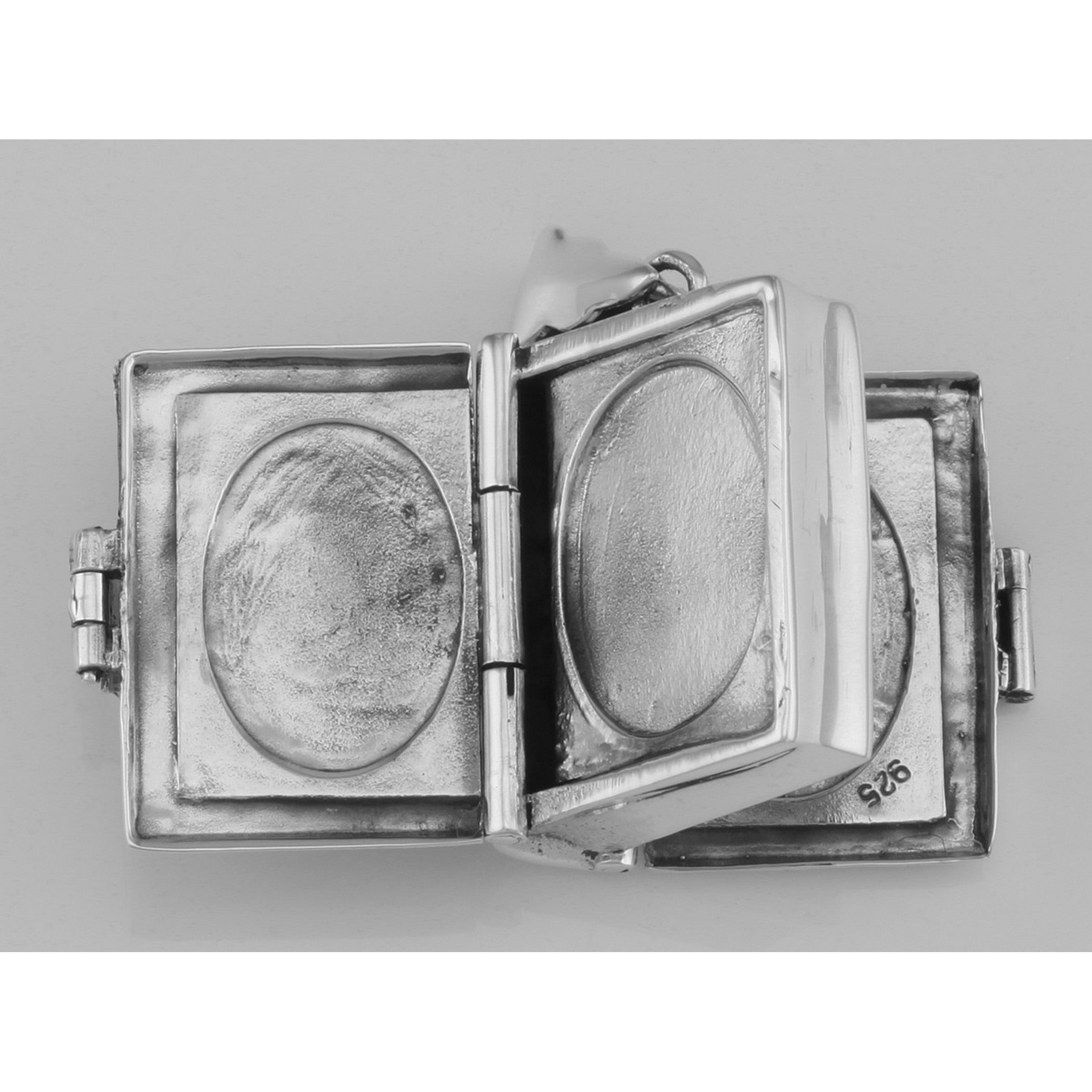 Back view of Beautiful Sterling Silver Antique Style Book Locket Pendant showing 925 sterling silver hallmark and spring ring