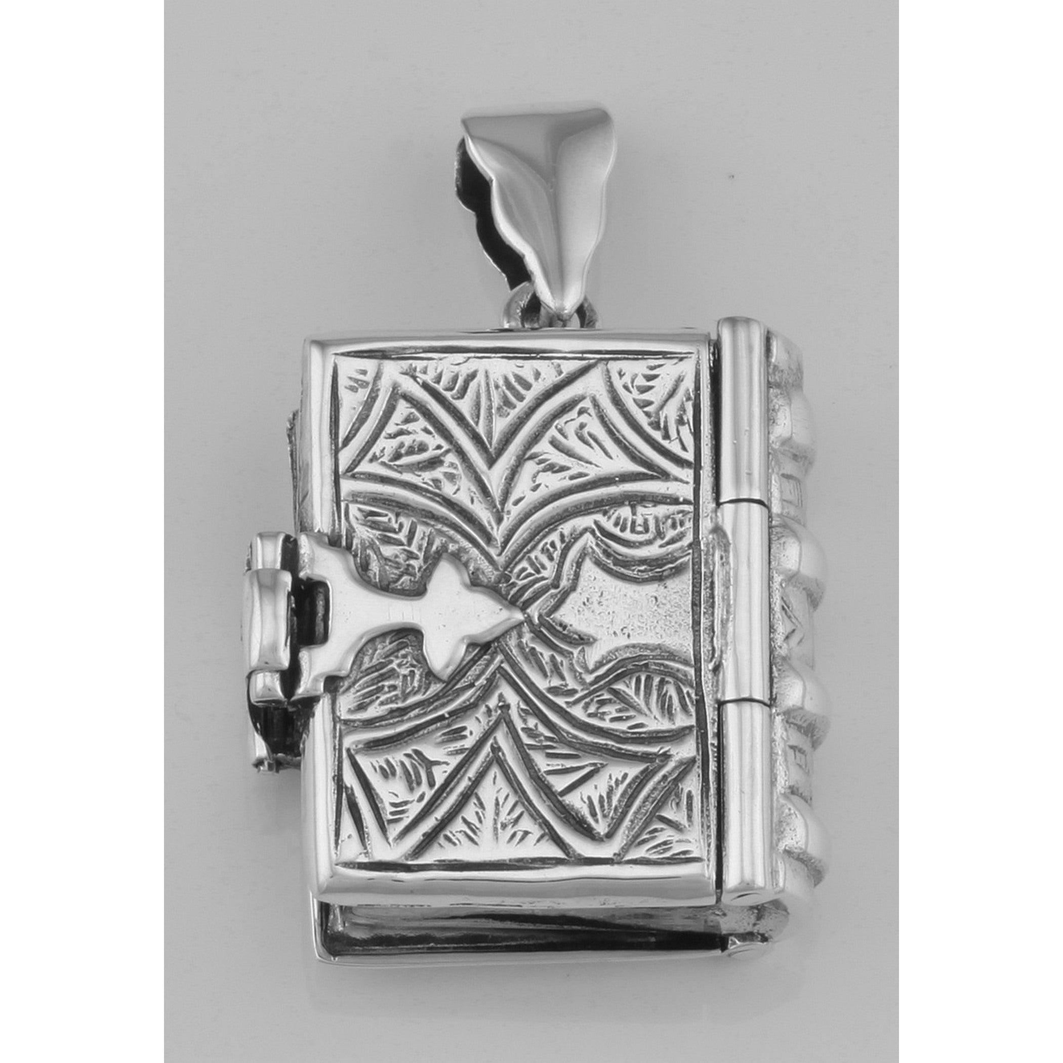 Detail view of Beautiful Sterling Silver Antique Style Book Locket Pendant highlighting design details