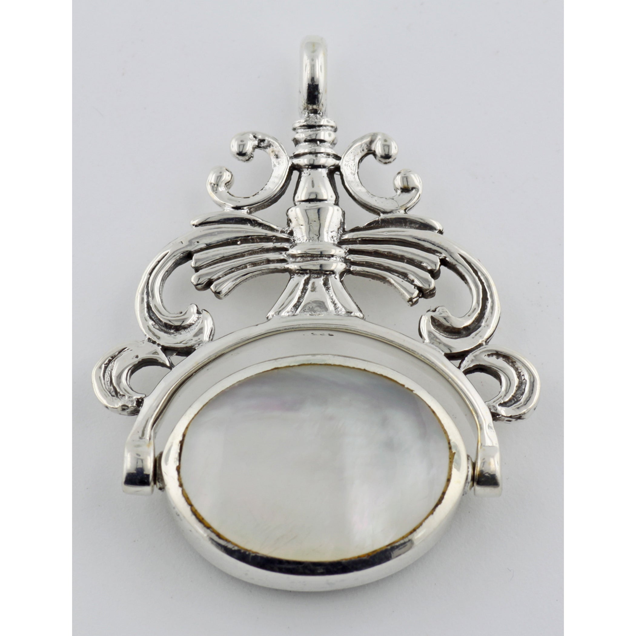 Back view of 2 Stone Spinning Fob Pendant - Antique Style showing 925 sterling silver hallmark and spring ring clasp