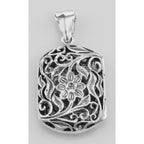 Detail view of Antique Style Floral Vinaigrette Sterling Silver Locket highlighting design details