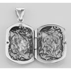 Back view of Antique Style Floral Vinaigrette Sterling Silver Locket showing 925 sterling silver hallmark and spring ring cla