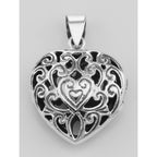Back view of Filigree Heart Locket Pendant Vinaigrette Aromatherapy Sterling Silver showing 925 sterling silver hallmark and 