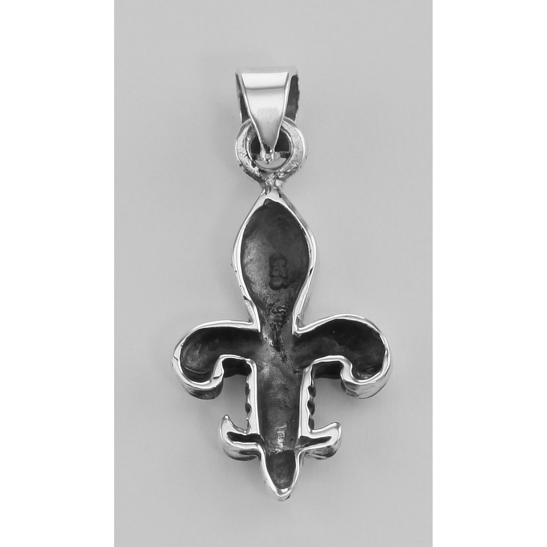 Back view of Fleur de Lis Pendant showing 925 sterling silver hallmark and spring ring clasp