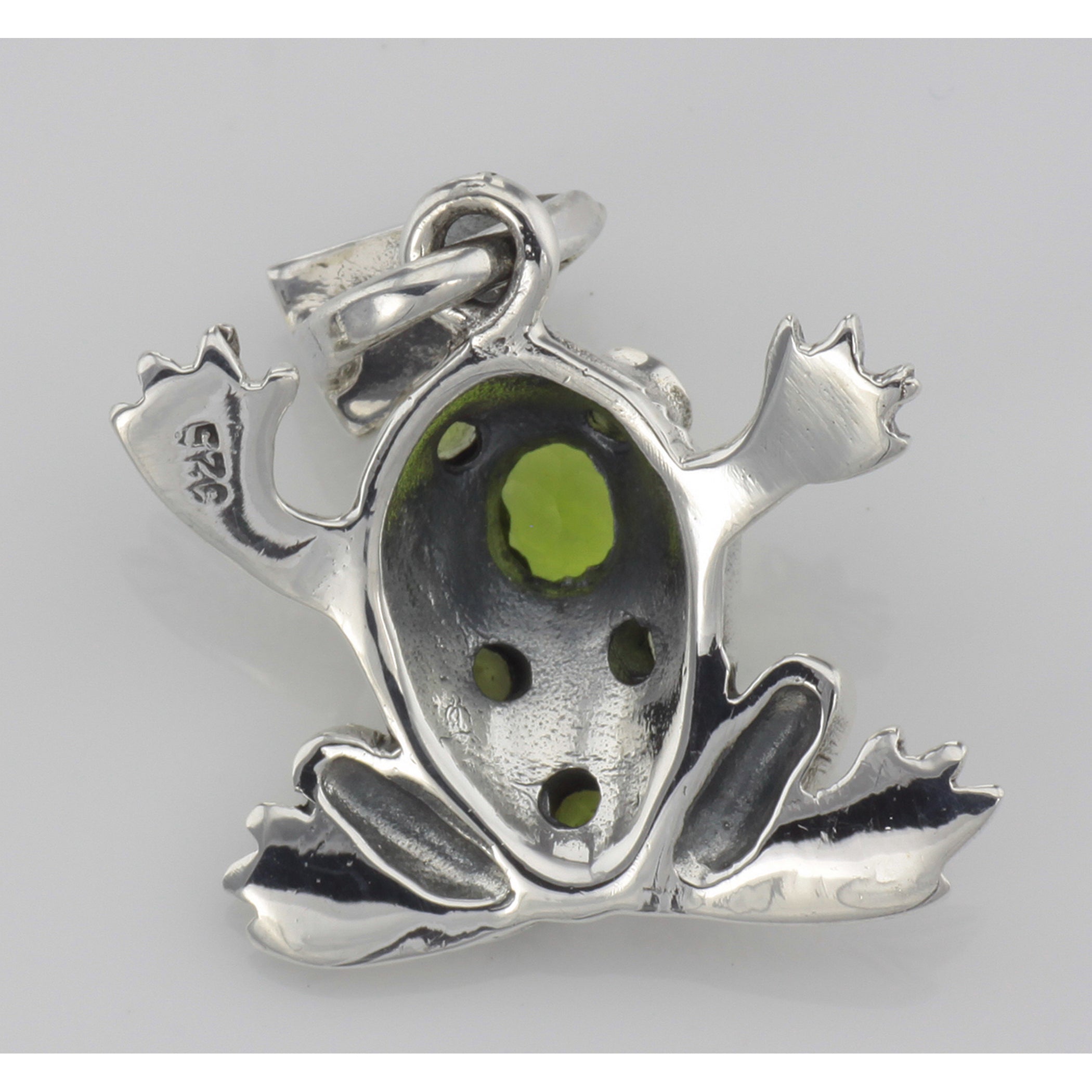 Back view of Cute Green CZ and Marcasite Frog Pendant showing 925 sterling silver hallmark and spring ring clasp