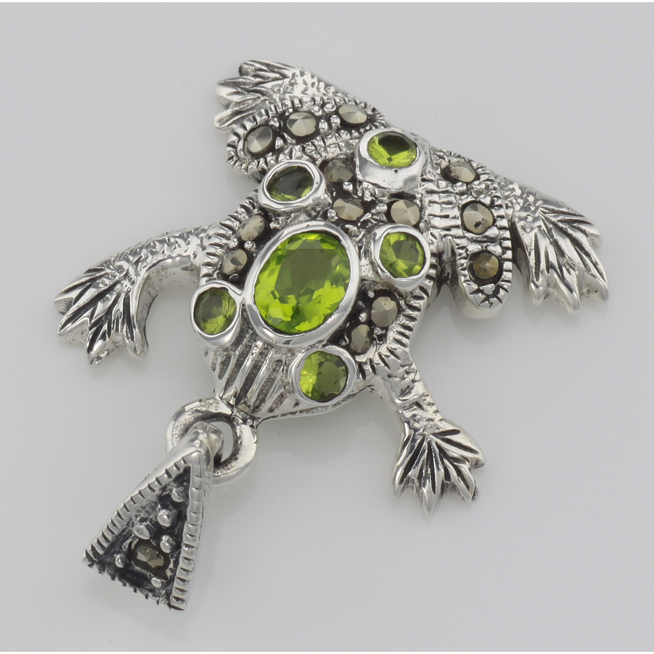 Detail view of Cute Green CZ and Marcasite Frog Pendant highlighting Marcasite, CZ