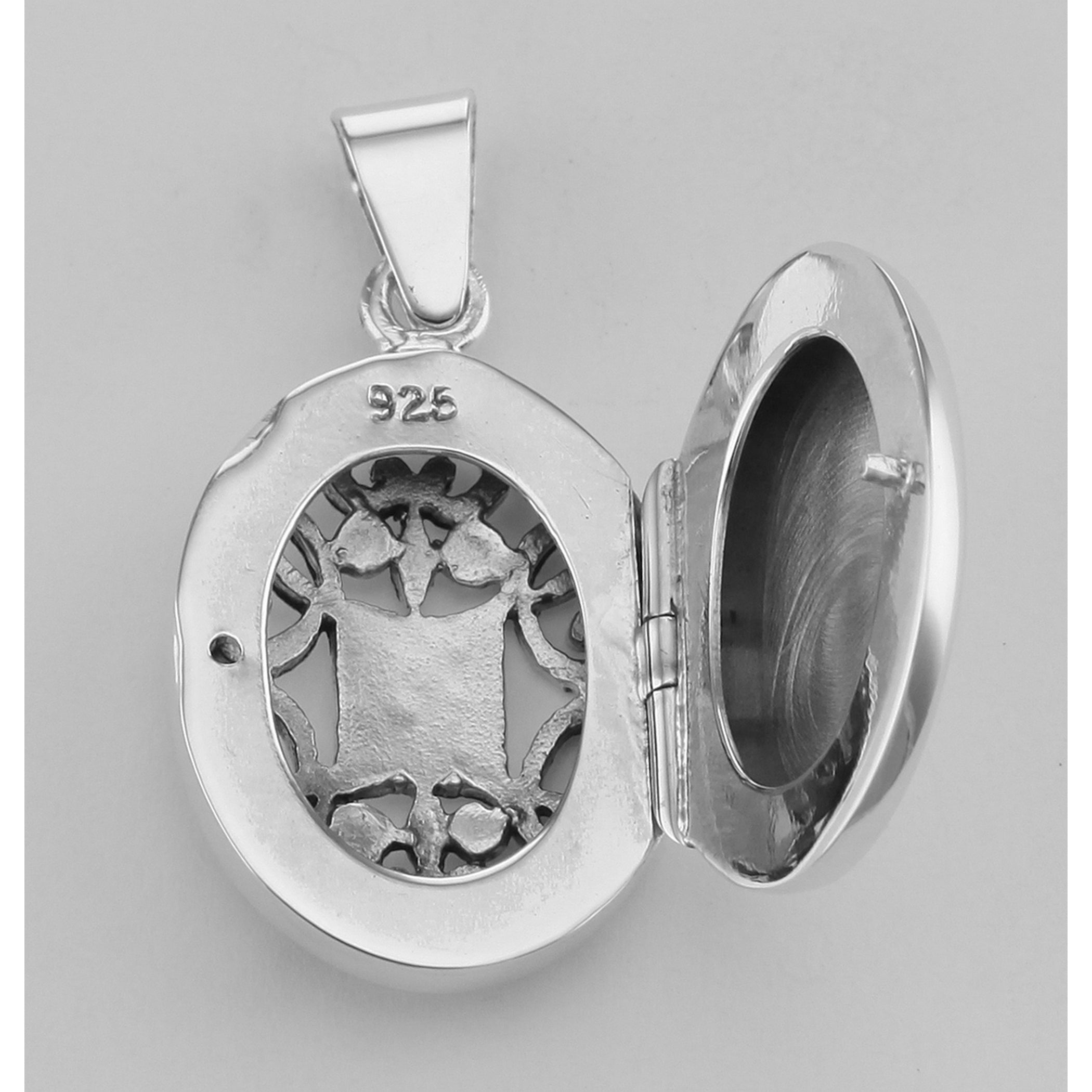 Back view of Oval Filigree Locket - Aromatherapy Locket showing 925 sterling silver hallmark and spring ring clasp