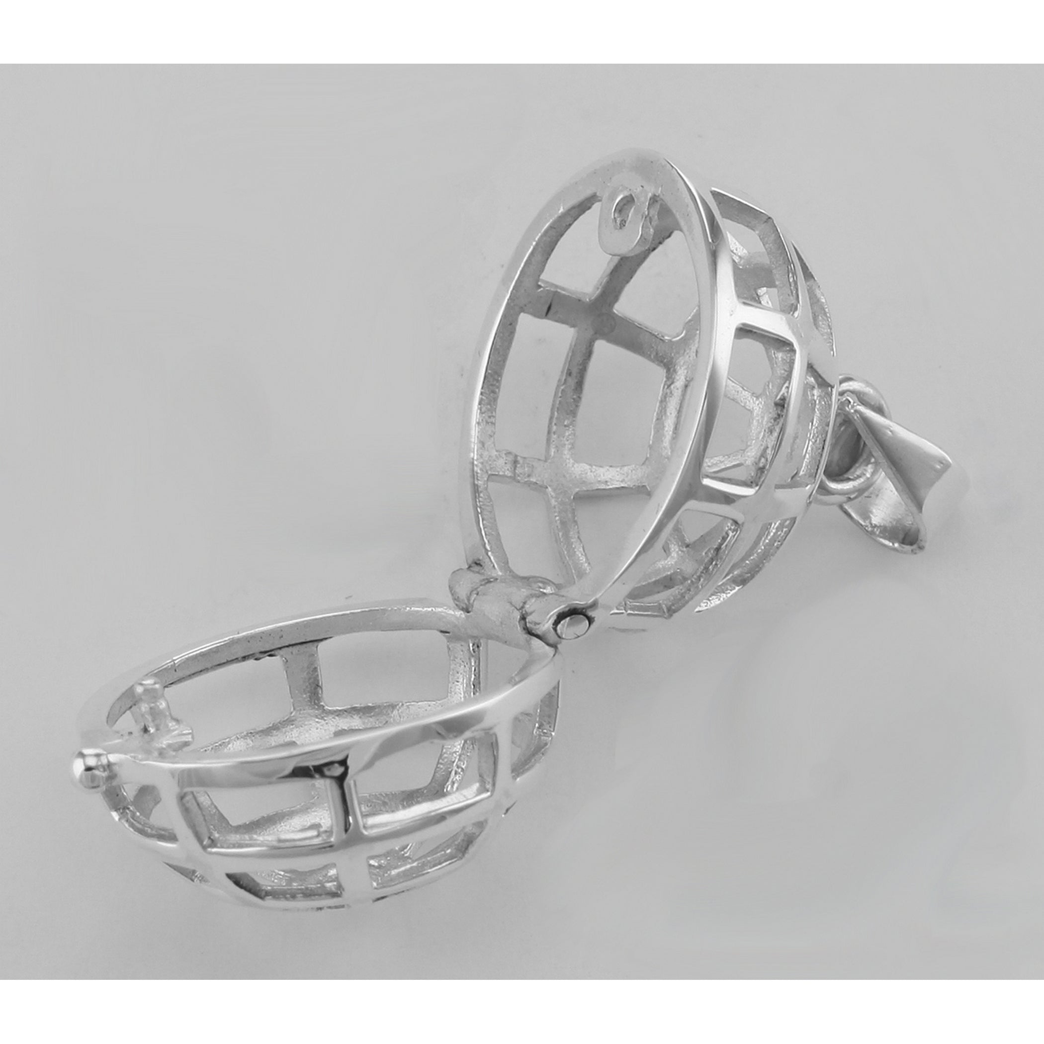 Back view of Filigree Globe Locket - Aromatherapy Locket showing 925 sterling silver hallmark and spring ring clasp