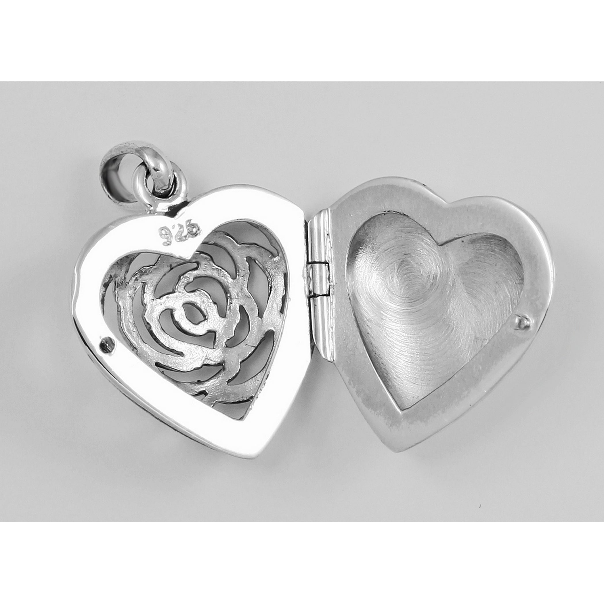 Back view of Rose Heart Filigree Locket showing 925 sterling silver hallmark and spring ring clasp
