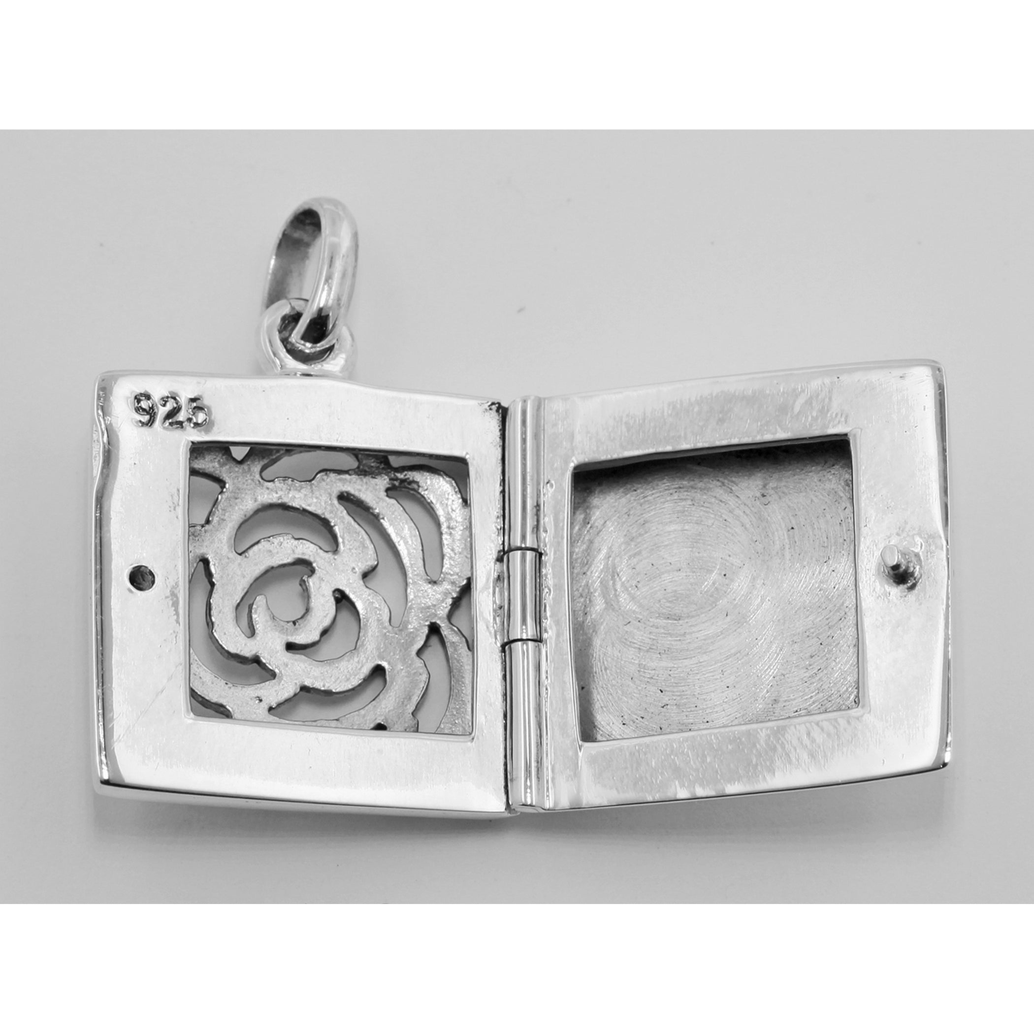 Detail view of Filigree Square Rose Locket highlighting design details