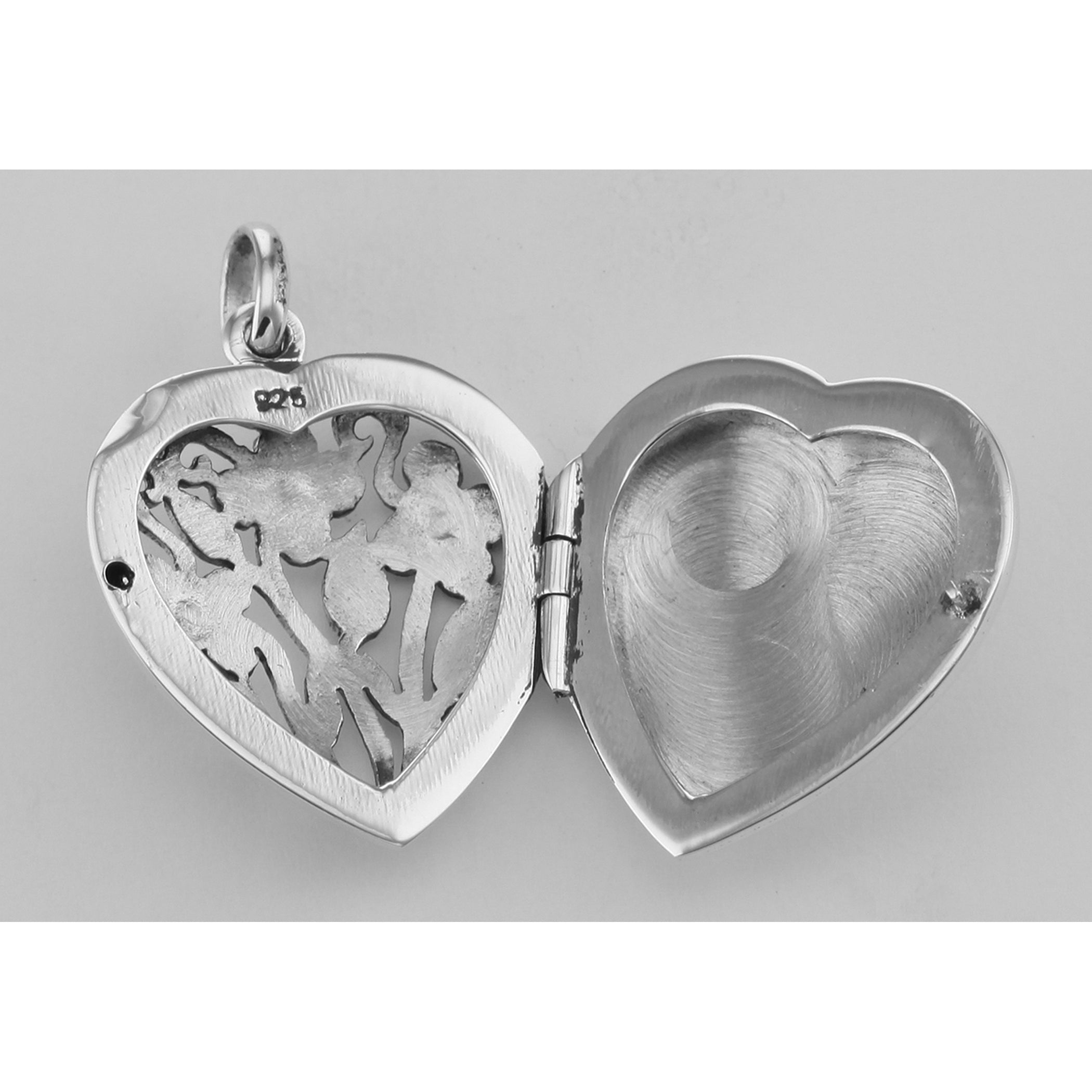 Back view of Large Filigree Floral Heart Locket - Aromatherapy Locket showing 925 sterling silver hallmark and spring ring cl