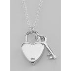 Back view of Heart Lock and Key Pendant with 16 inch chain showing 925 sterling silver hallmark and spring ring clasp