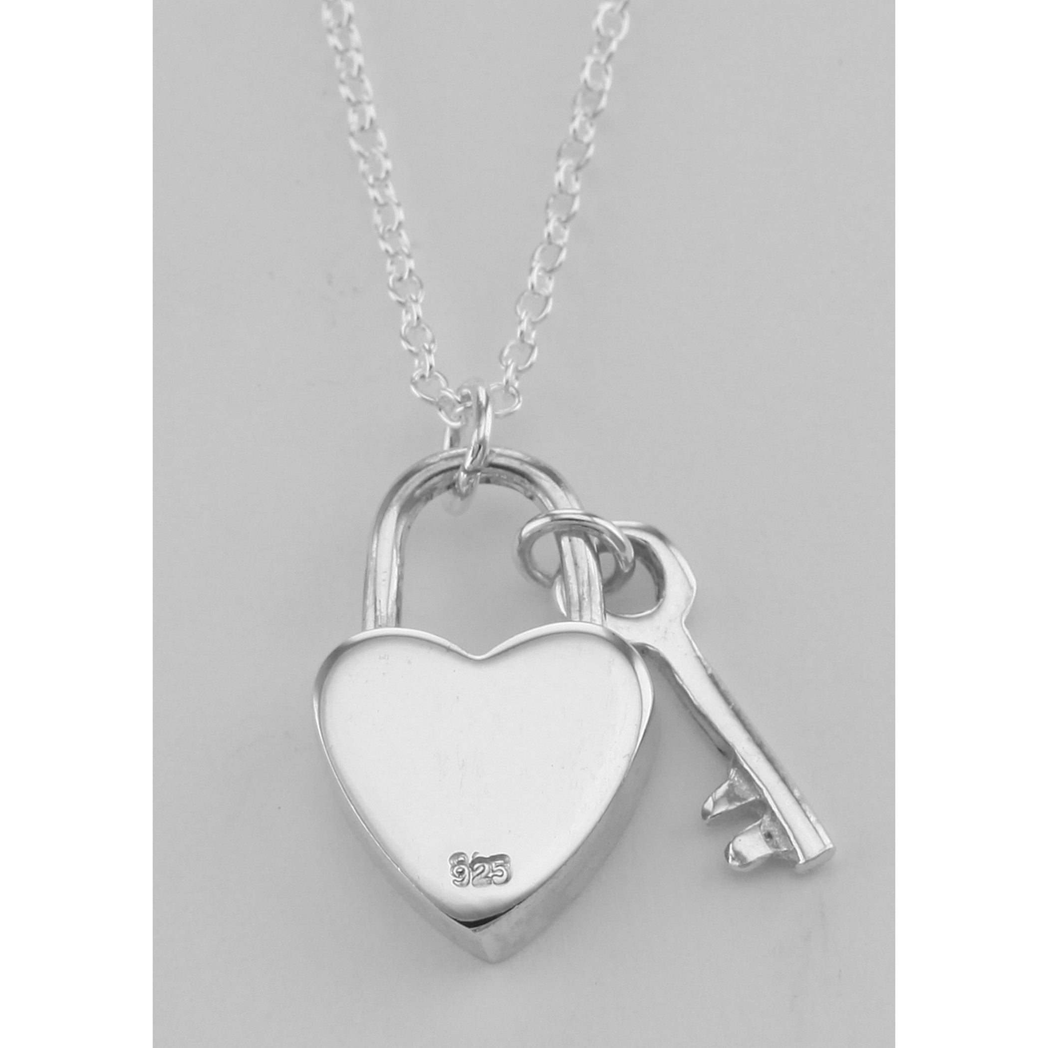 Back view of Heart Lock and Key Pendant with 16 inch chain showing 925 sterling silver hallmark and spring ring clasp