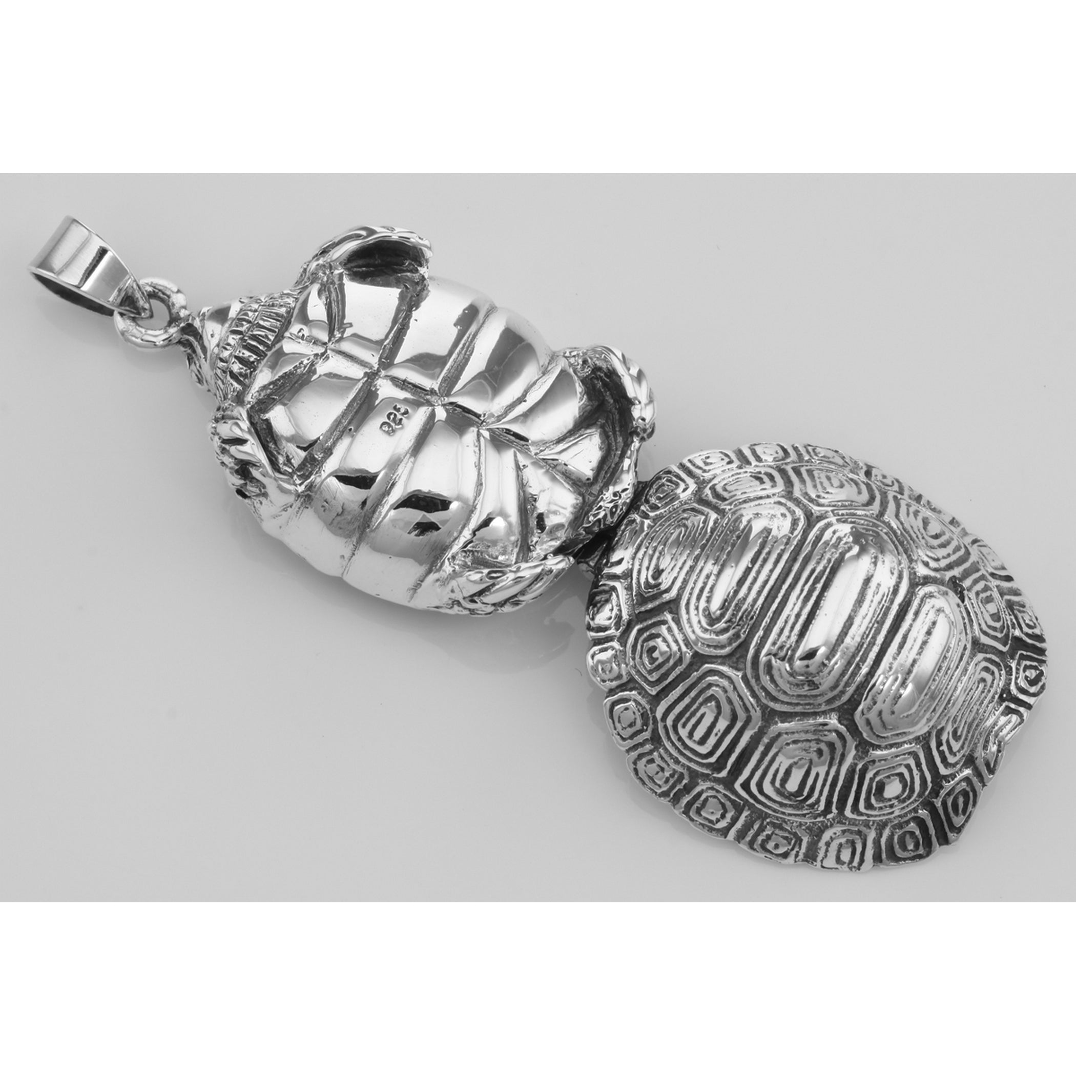 Back view of Large Turtle Locket Box Pendant - Tortoise showing 925 sterling silver hallmark and spring ring clasp