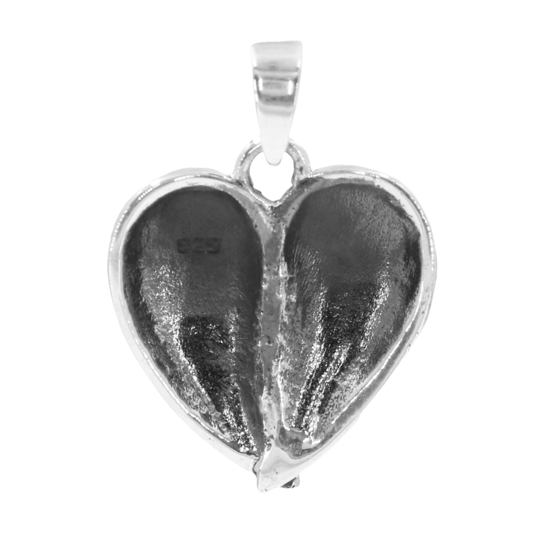 Detail view of Vintage Inspired Lovely Heart Shaped Angel Wing Pendant in Fine Sterling Silver highlighting design details