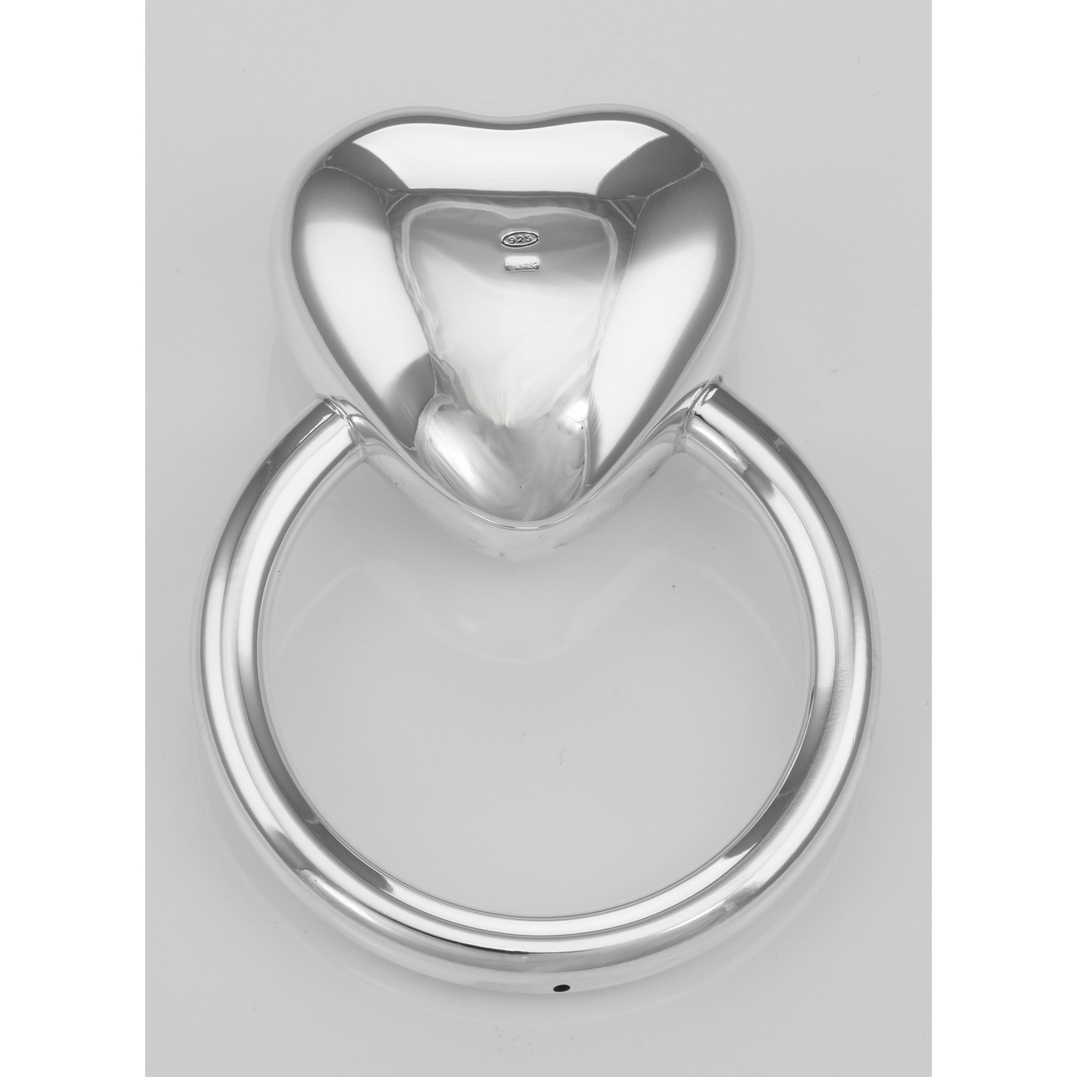 Back view of Silver Ring Baby Rattle with Large Heart Made in Italy showing 925 sterling silver hallmark