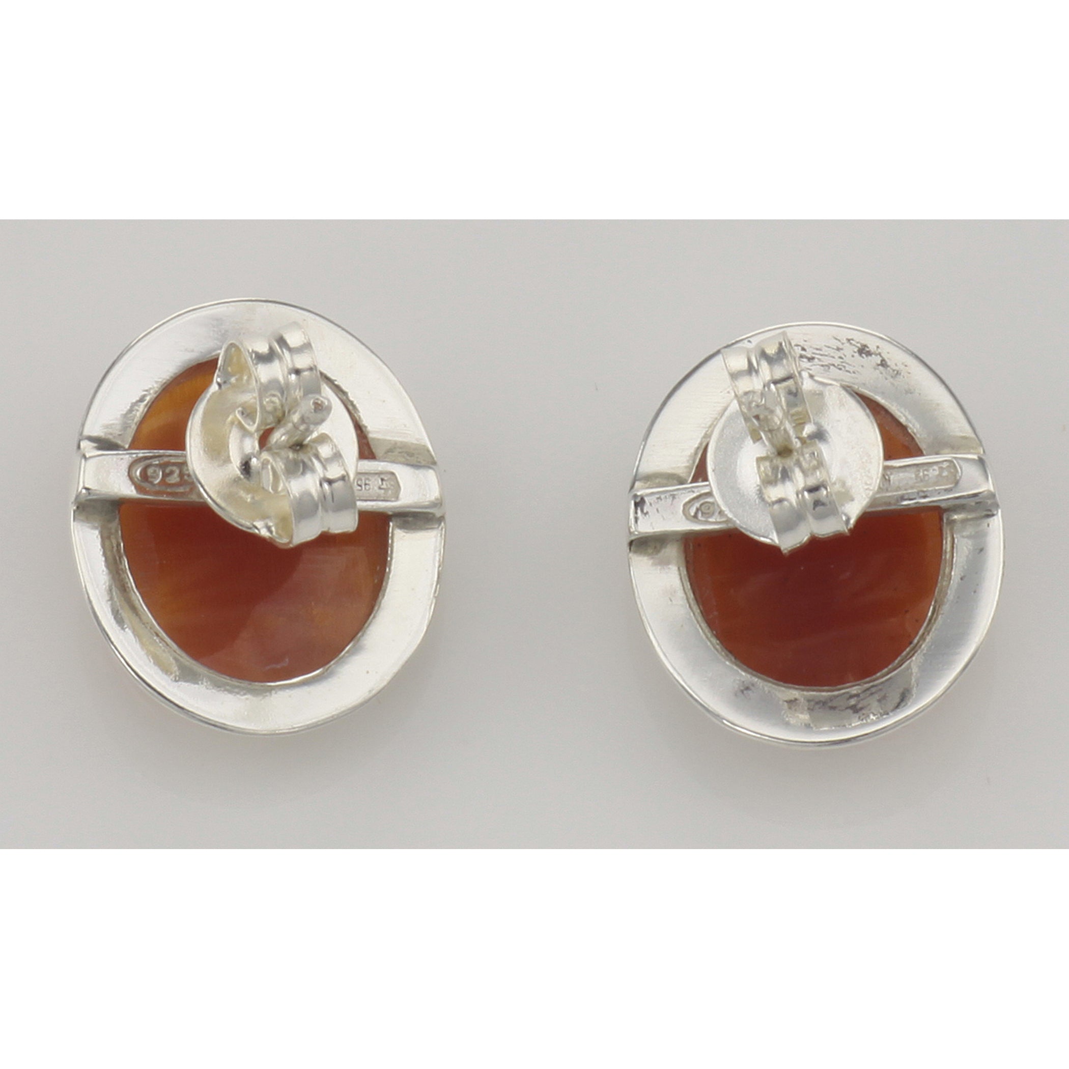 Back view of Hand Carved Italian Oval Cameo Post Earrings showing 925 sterling silver hallmark and post backs