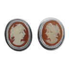 Sterling silver oval Italian shell cameo stud earrings, hand-carved woman's profile in cream on terracotta, rope-twist bezel