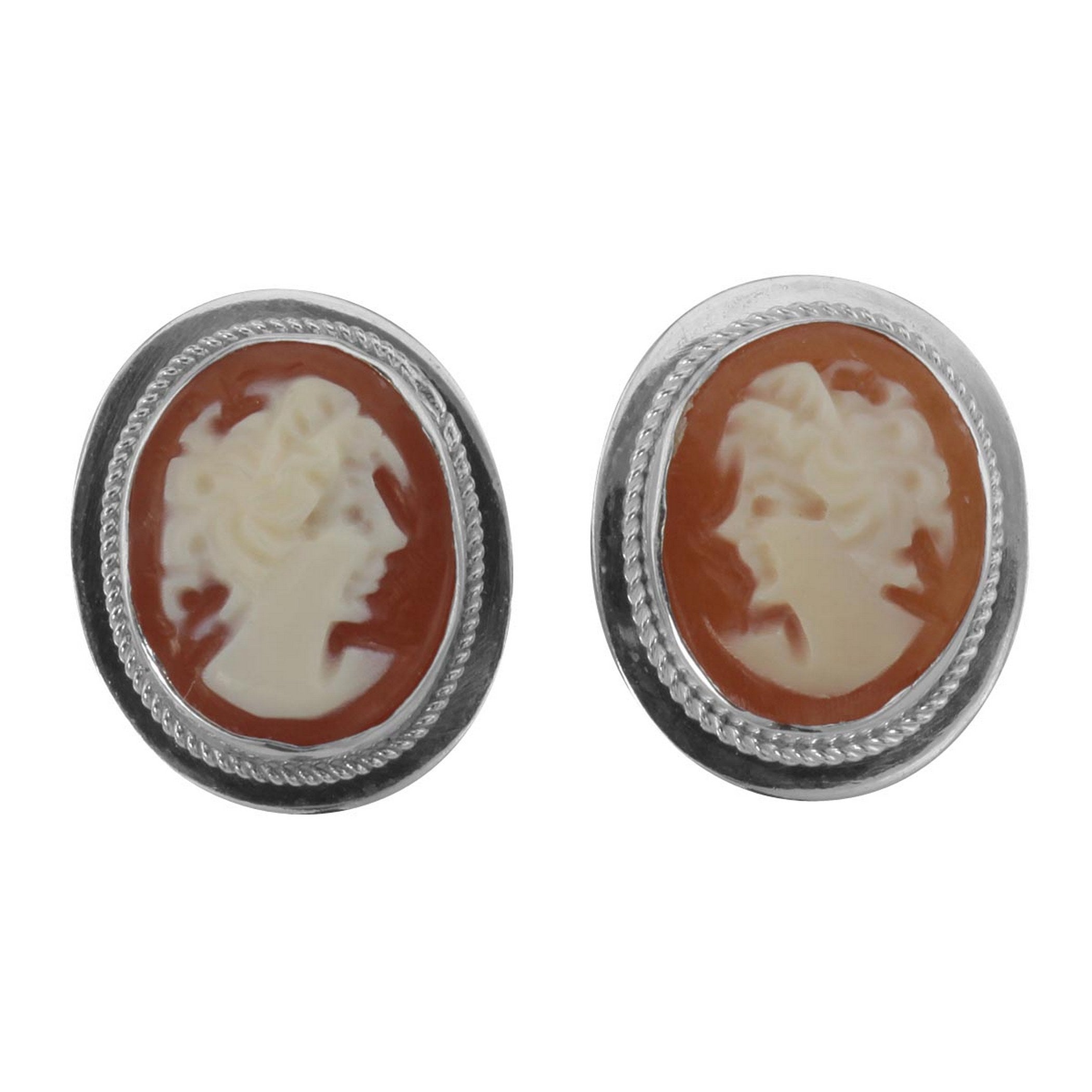 Sterling silver oval Italian shell cameo stud earrings, hand-carved woman's profile in cream on terracotta, rope-twist bezel