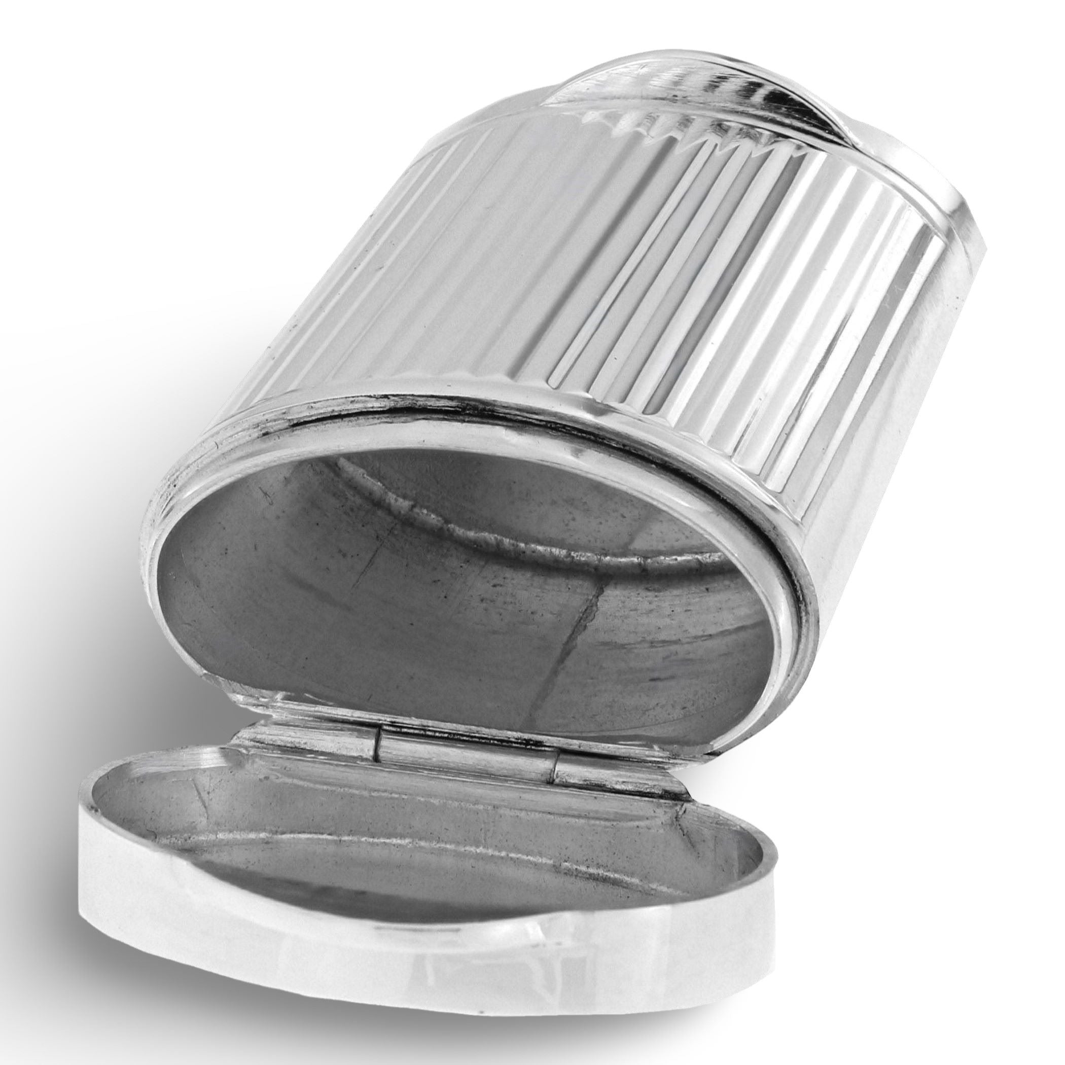 Detail view of Two Compartment Handmade Italian Oval Tubular Shaped Sterling Silver Pillbox highlighting design details