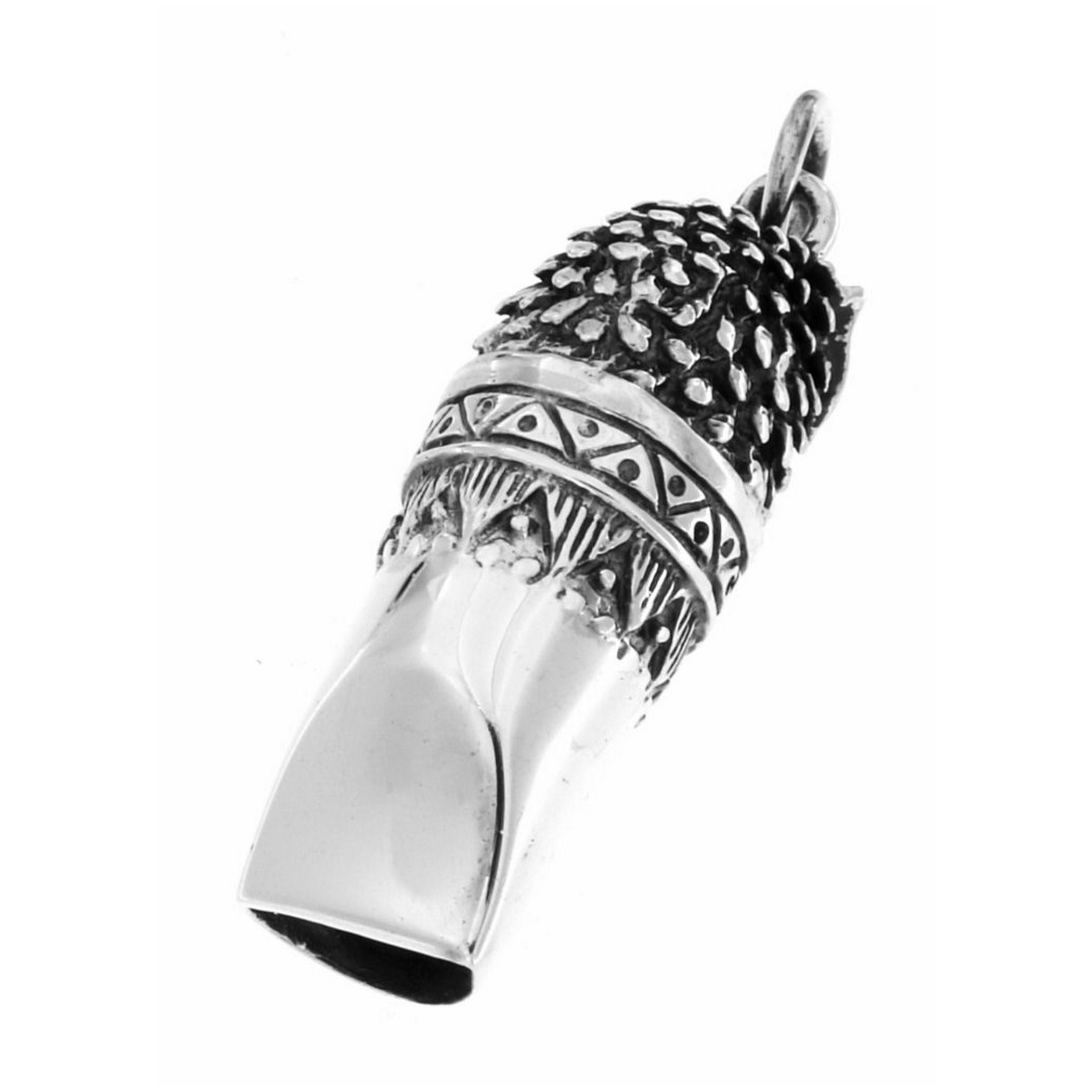 Back view of Antique Style Highly Detailed Owl Whistle Pendant showing 925 sterling silver hallmark and spring ring clasp