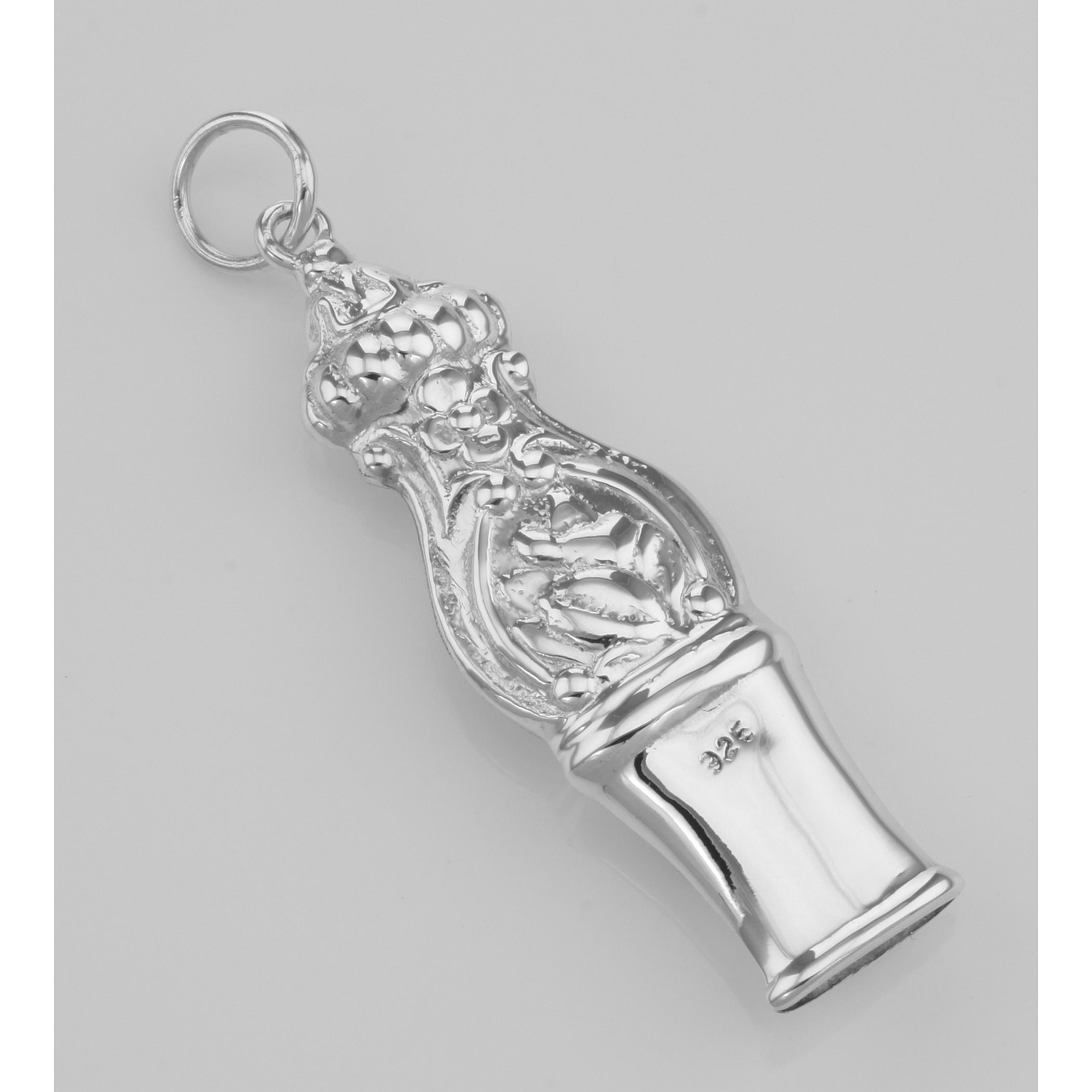 Back view of Classic Victorian Style Whistle Pendant in Fine Sterling Silver showing 925 sterling silver hallmark and spring 