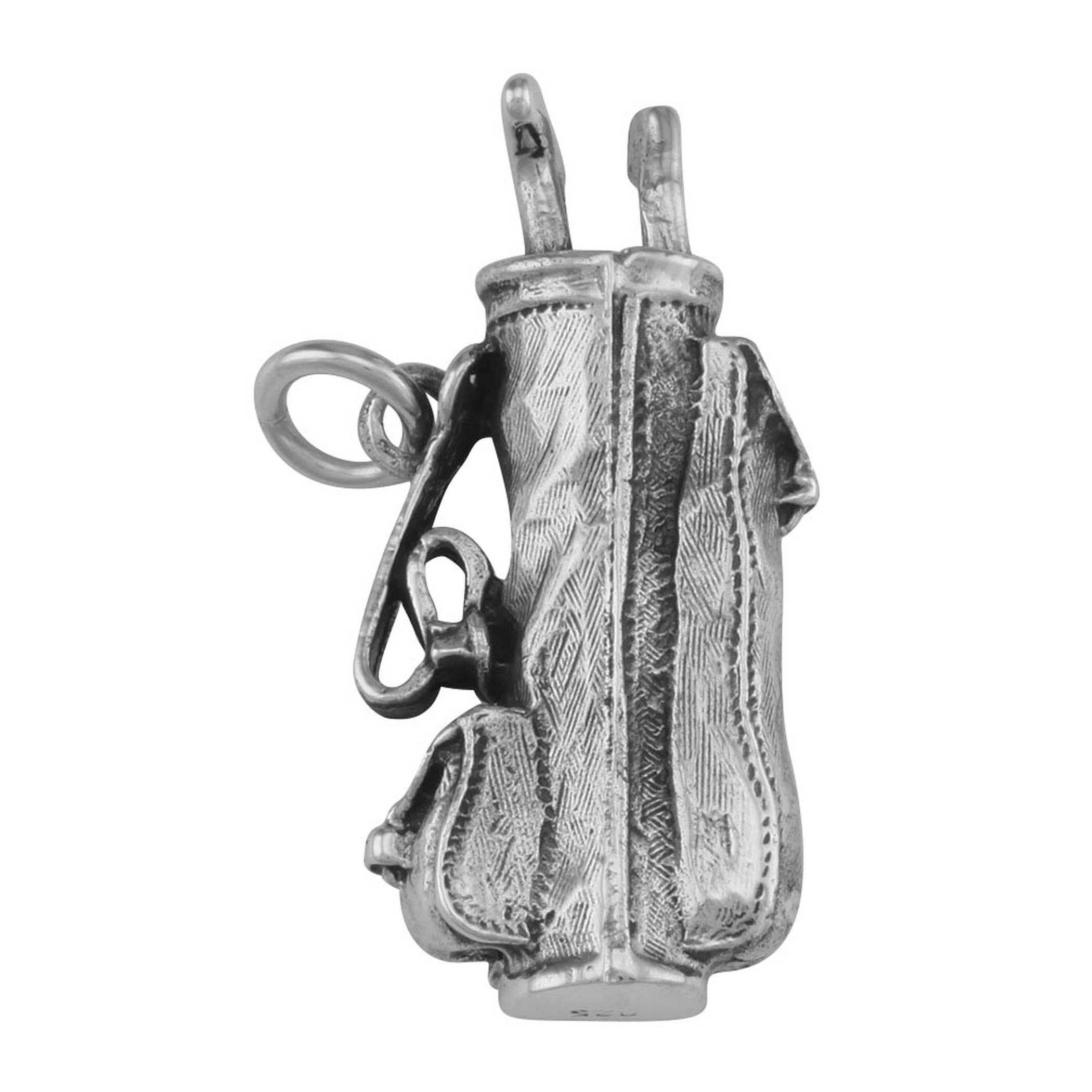 Back view of Classic Golf Bag Keychain / Stainless Steel Keyring and Chain showing 925 sterling silver hallmark and spring ri