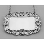 Back view of Blank Engravable Liquor Decanter Label / Tag w/ Victorian Border showing 925 sterling silver hallmark