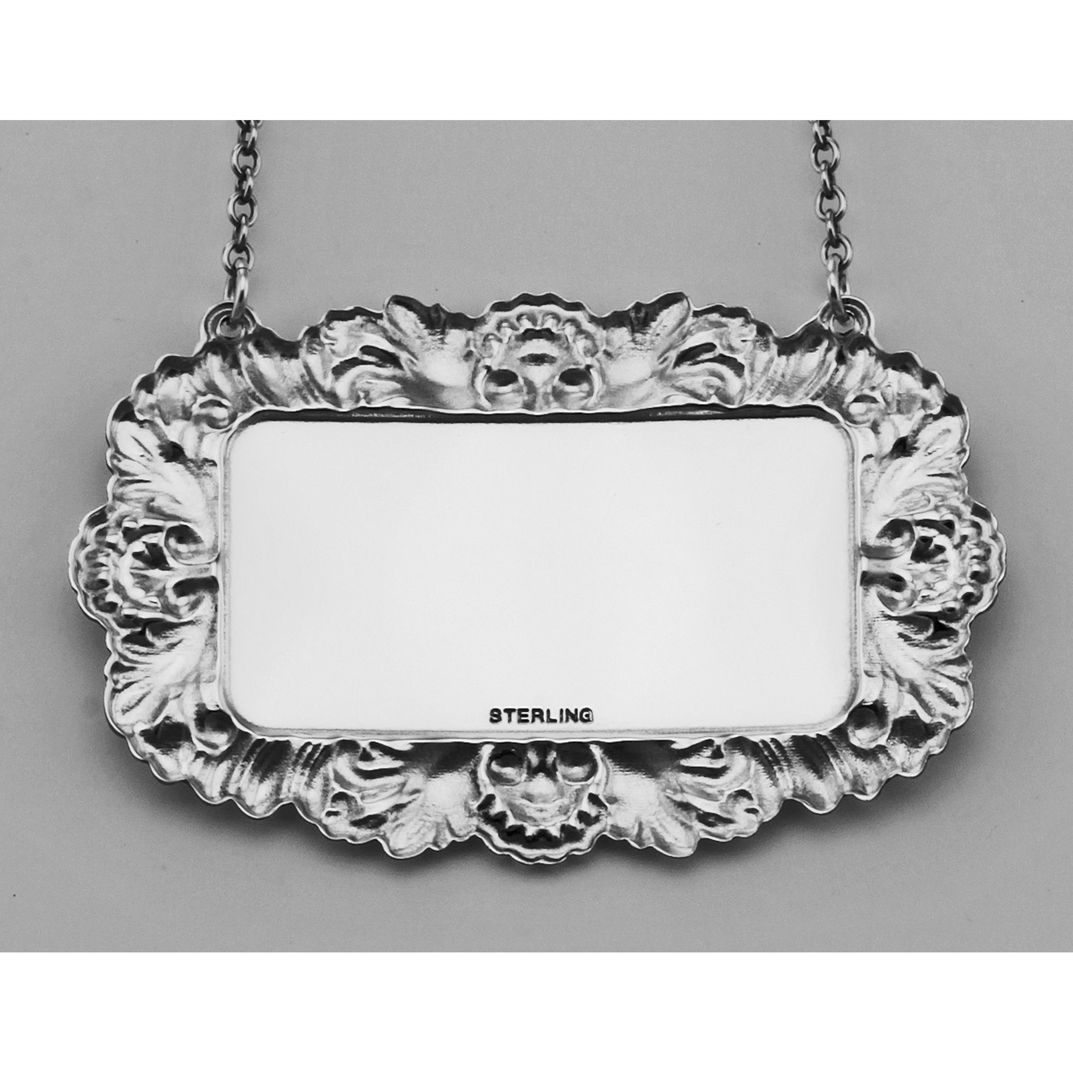Back view of Blank Engravable Liquor Decanter Label / Tag w/ Victorian Border showing 925 sterling silver hallmark