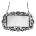 Victorian style, sterling silver liquor decanter tags, front view