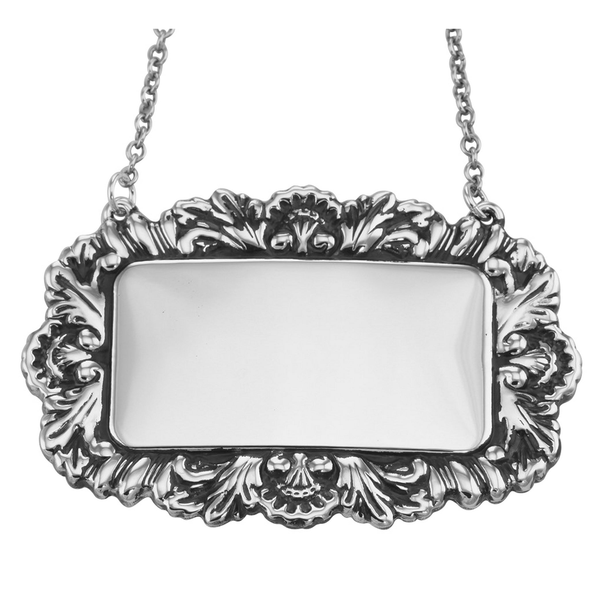 Victorian style, sterling silver liquor decanter tags, front view
