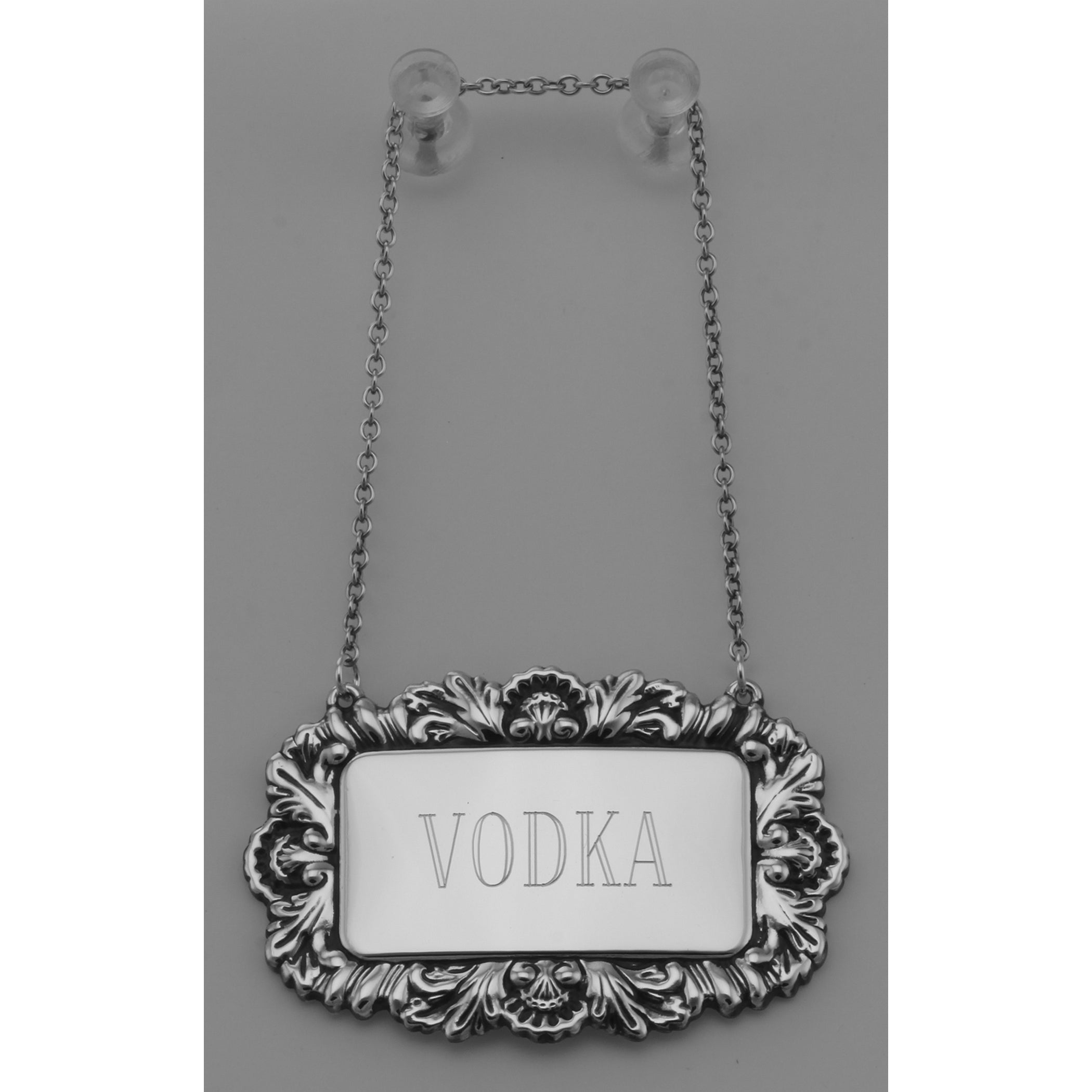 Detail view of Vodka Liquor Decanter Label / Tag Victorian Border Made in USA highlighting design details