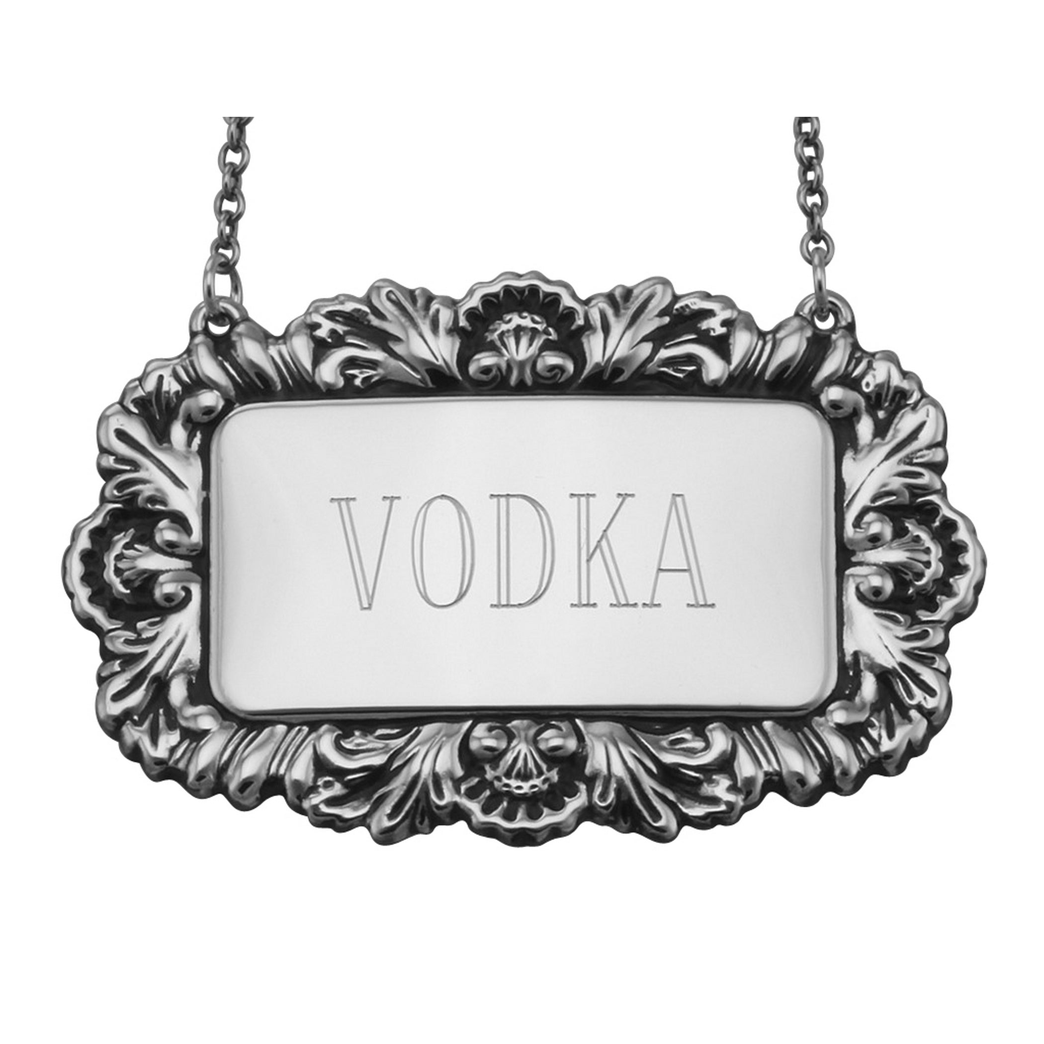 Victorian style, sterling silver liquor decanter tags, front view