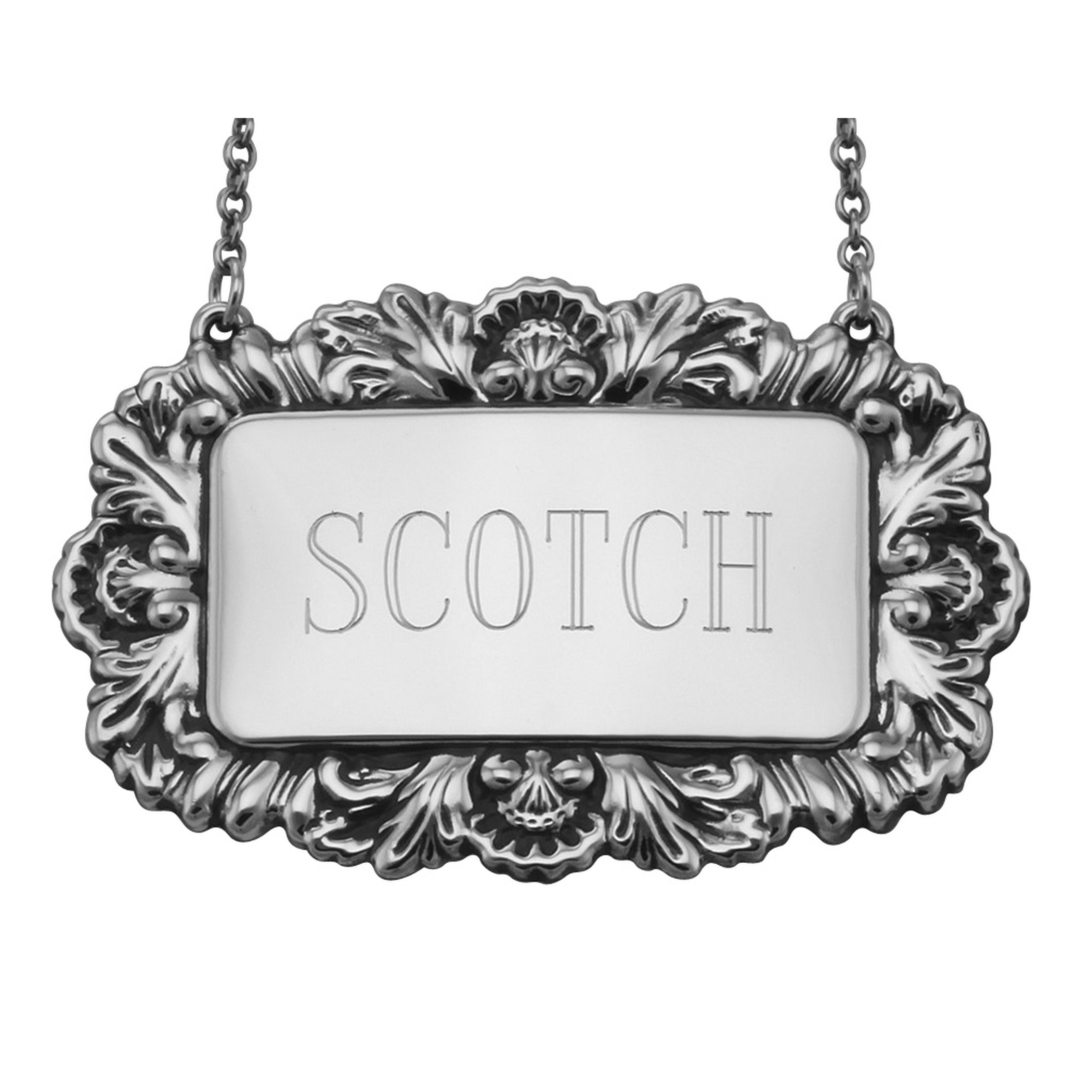 Sterling silver liquor decanter tags, front view