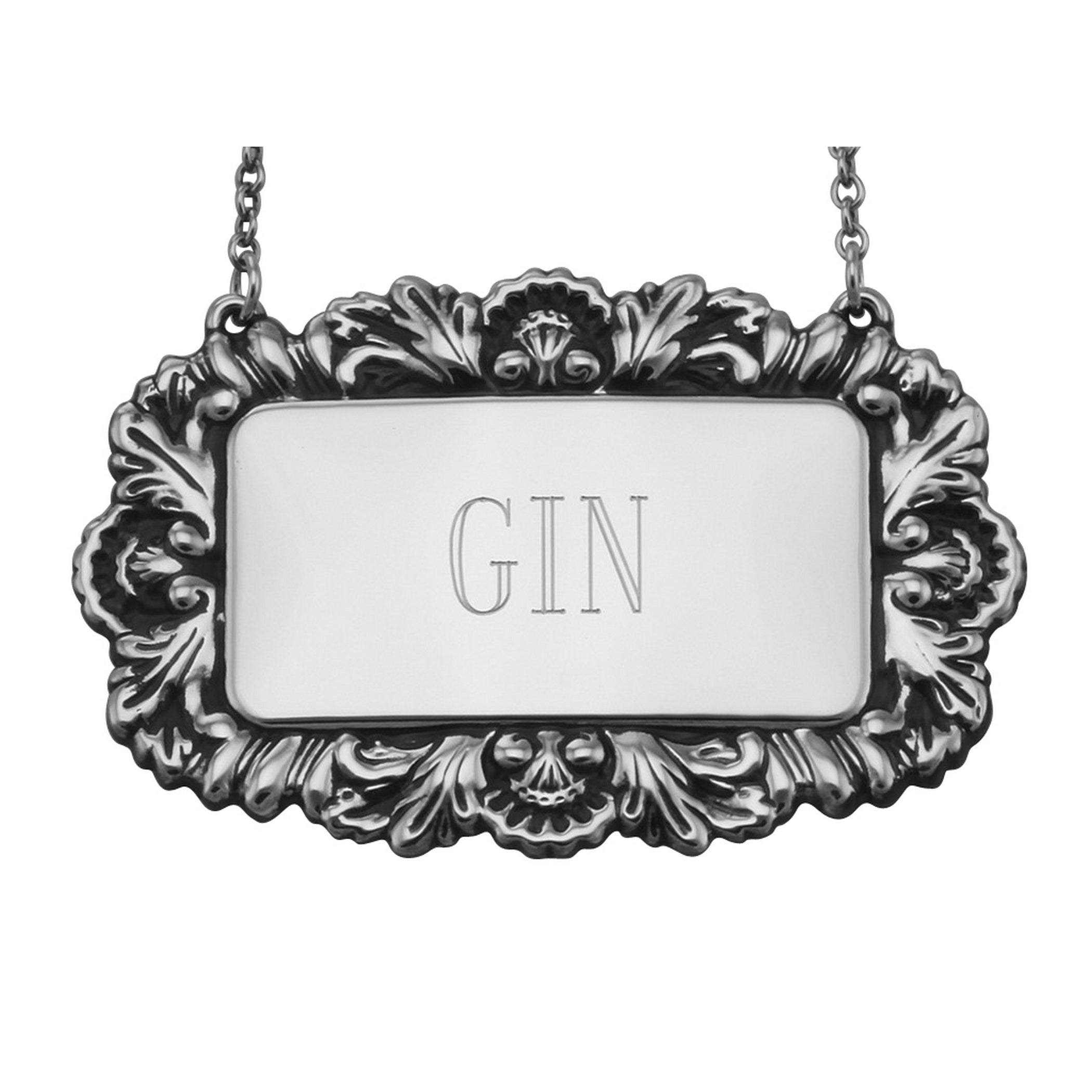 Sterling silver liquor decanter tags, front view