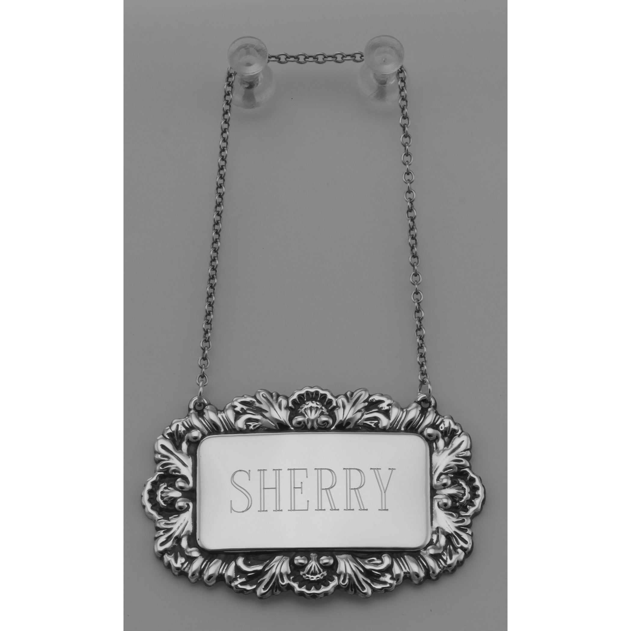 Detail view of Sherry Liquor Decanter Label / Tag highlighting design details