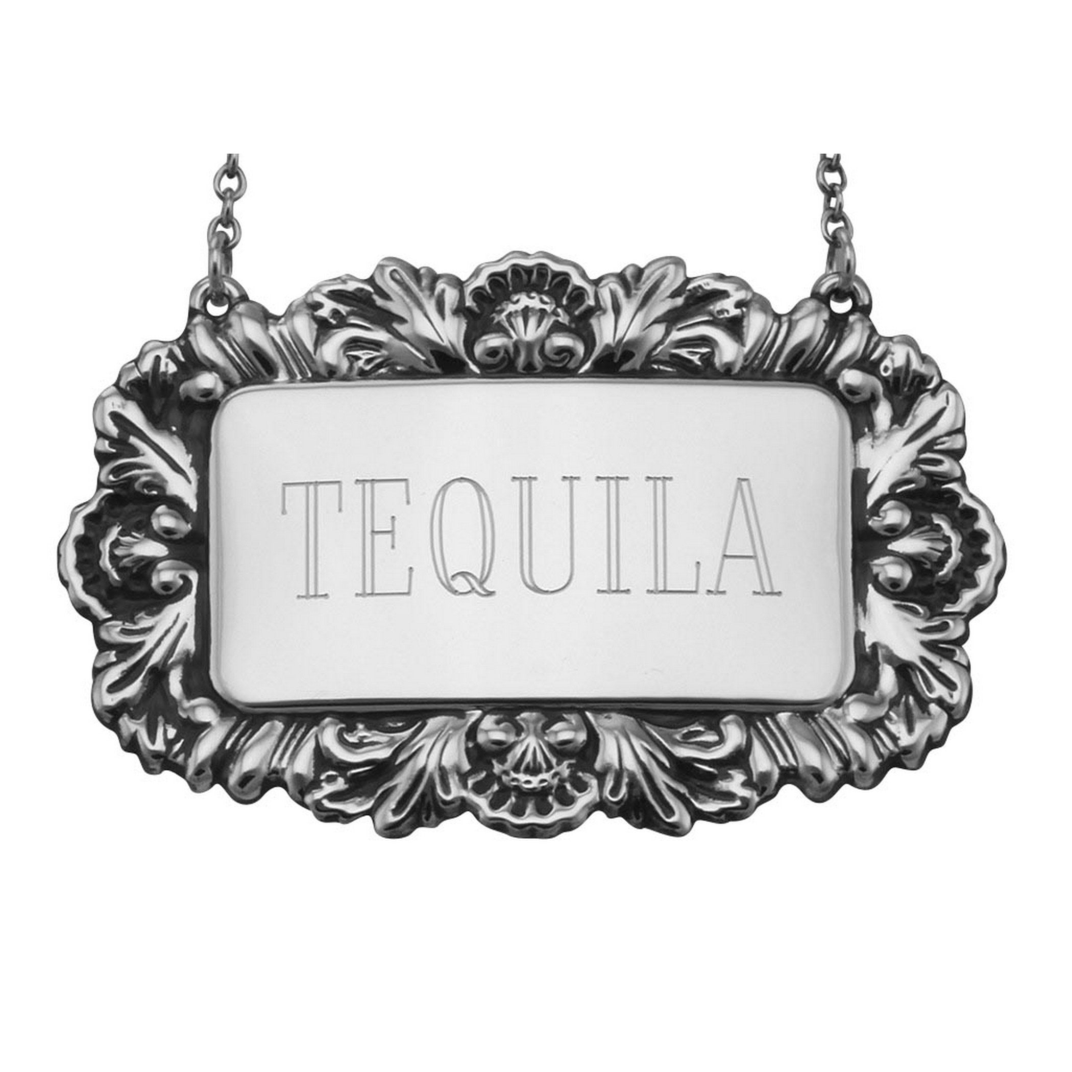 Sterling silver liquor decanter tags, front view